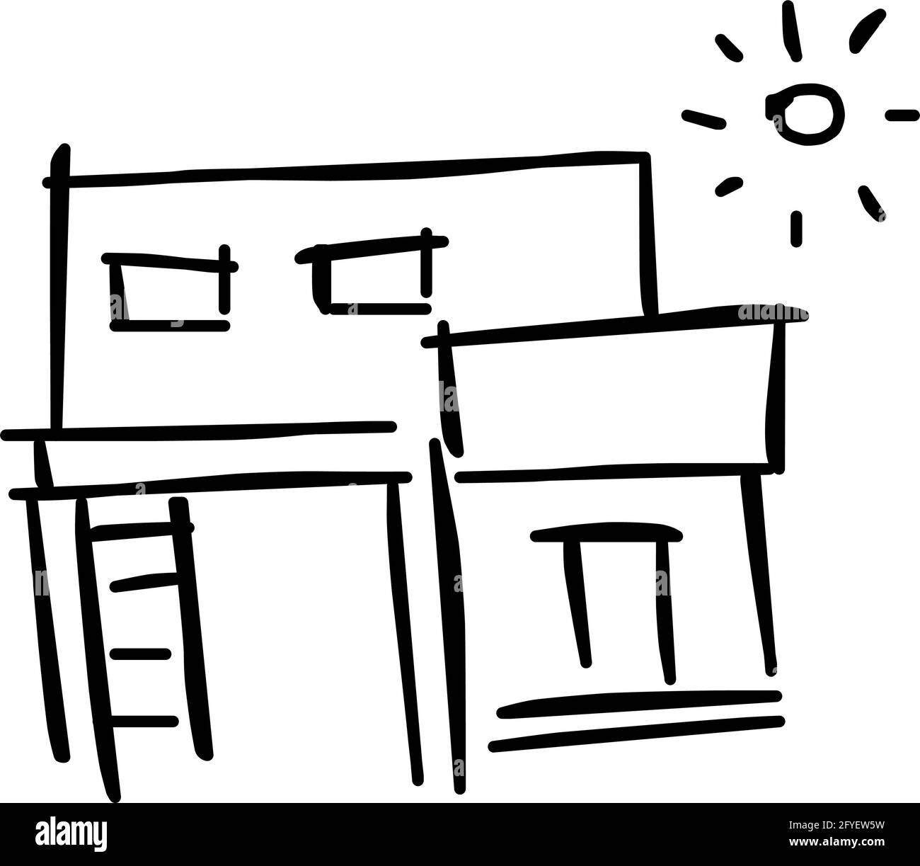 Icône de maison de l'art de ligne rugueux dans le style dessiné à la main, soleil, noir 27 Illustration de Vecteur