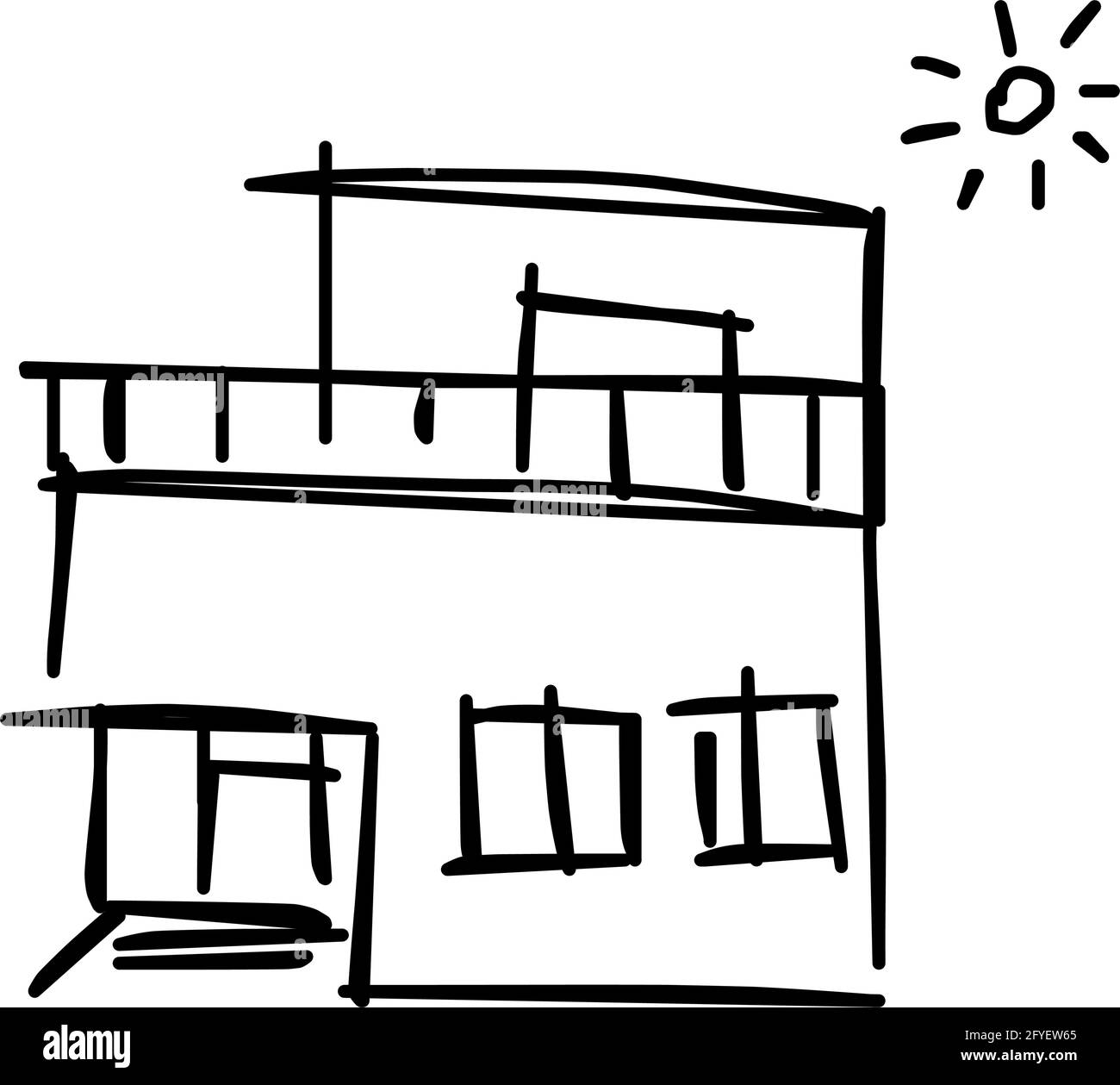 Icône de maison de l'art de ligne rugueux dans le style dessiné à la main, soleil, noir 30 Illustration de Vecteur