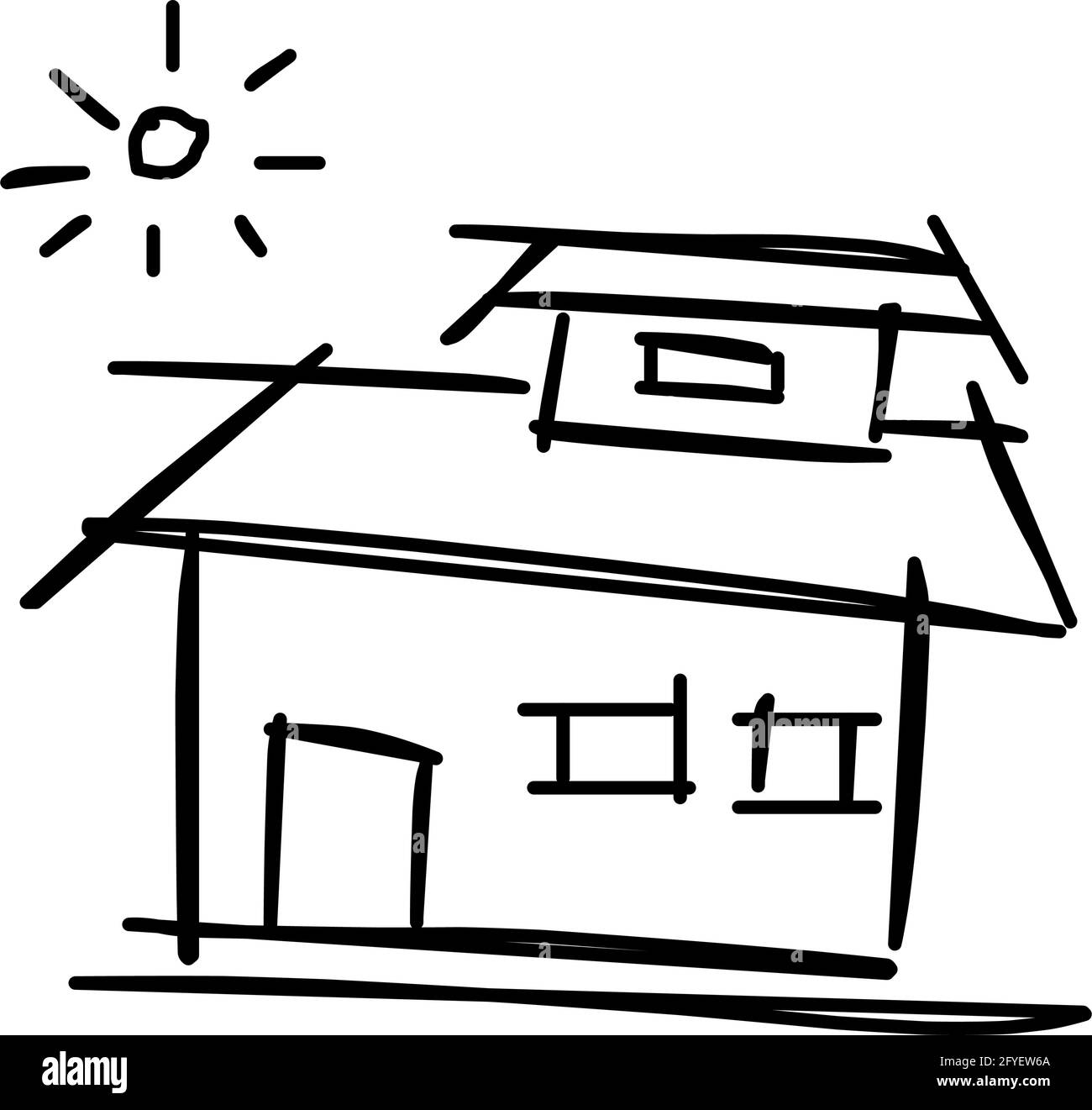 Icône de maison de l'art de ligne rugueux dans le style dessiné à la main, soleil, noir 21 Illustration de Vecteur