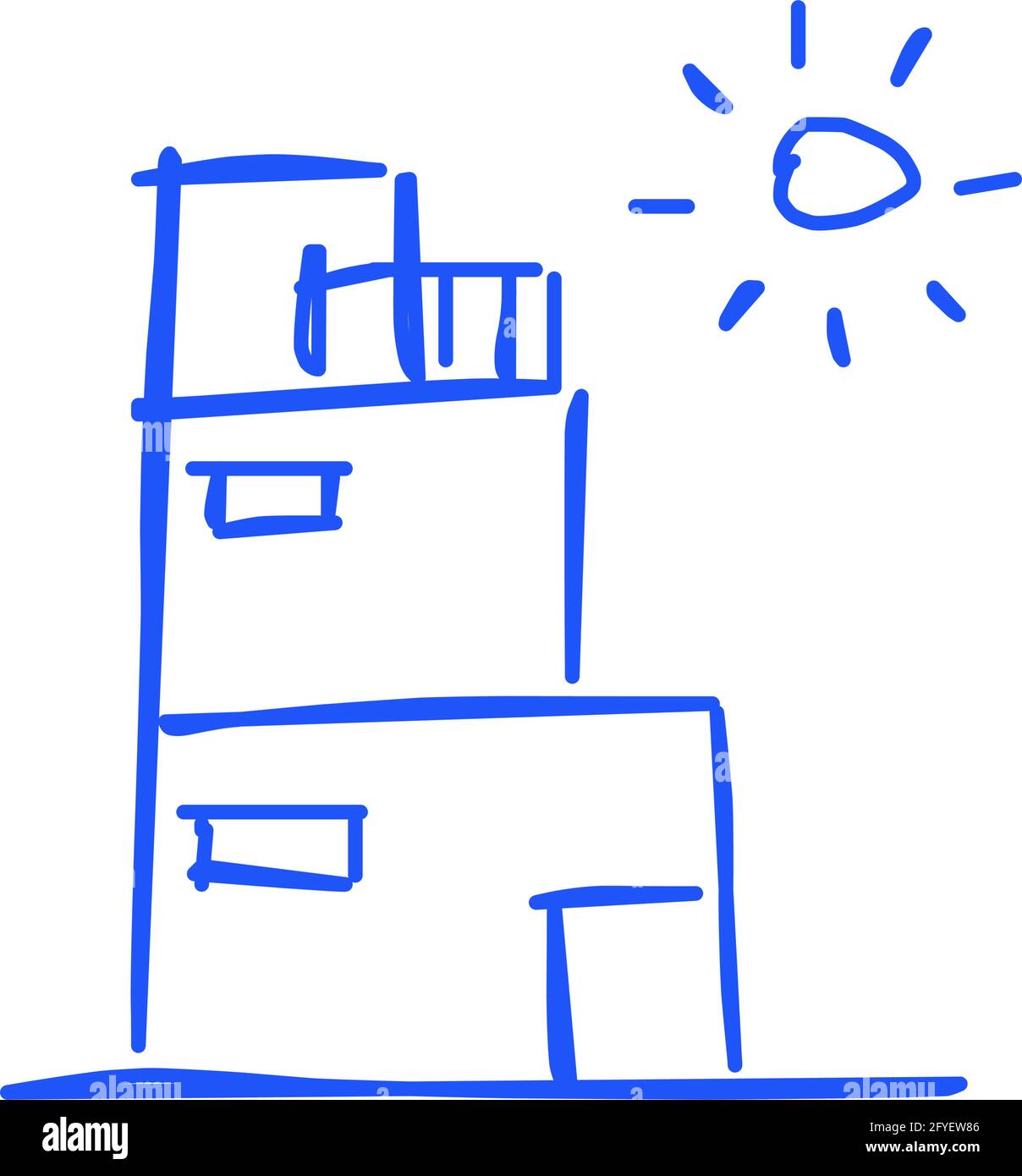 Icône de maison de l'art de ligne rugueux dans le style dessiné à la main, soleil, bleu 12 Illustration de Vecteur