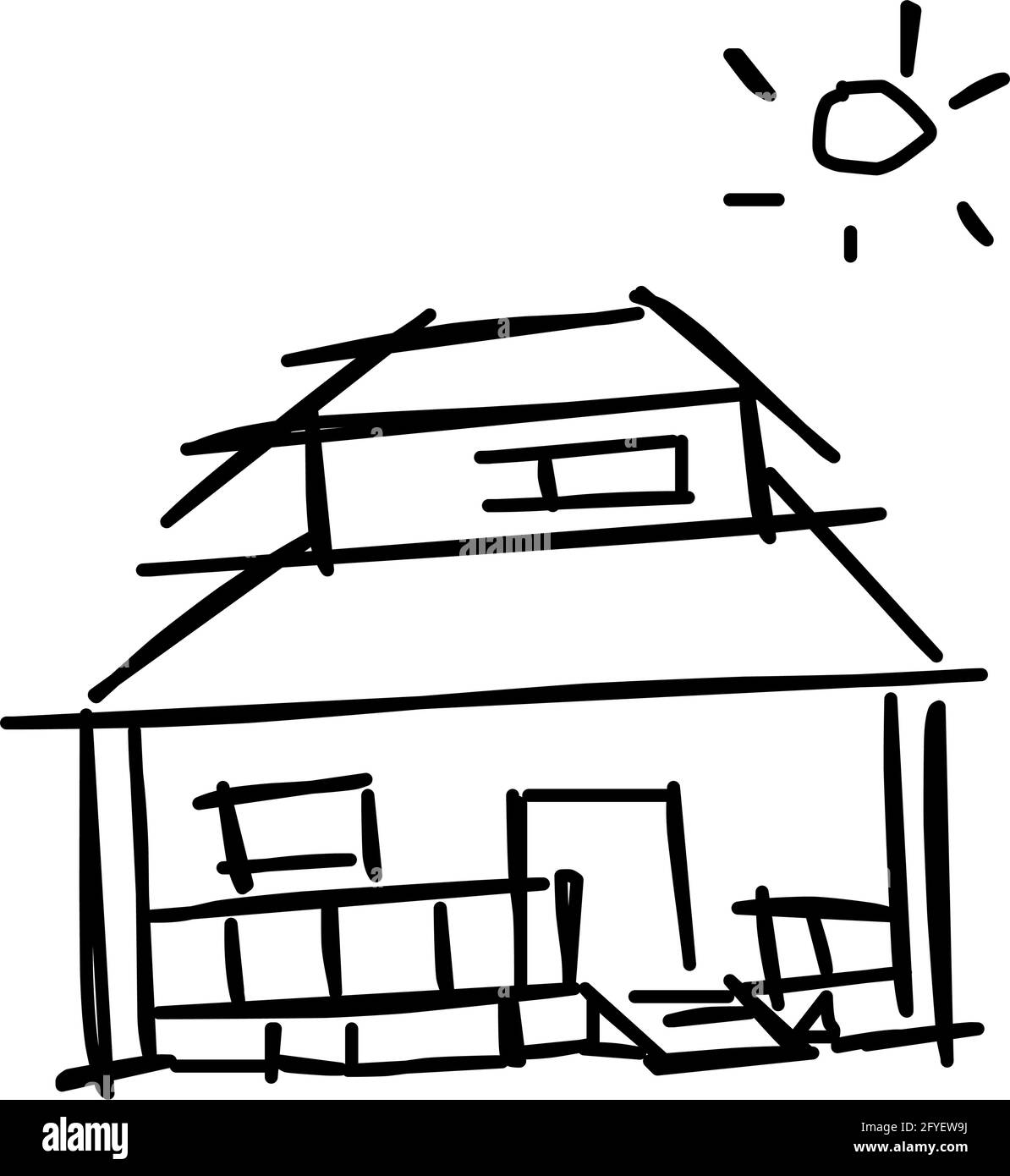 Icône de maison de l'art de ligne rugueux dans le style dessiné à la main, soleil, noir 18 Illustration de Vecteur