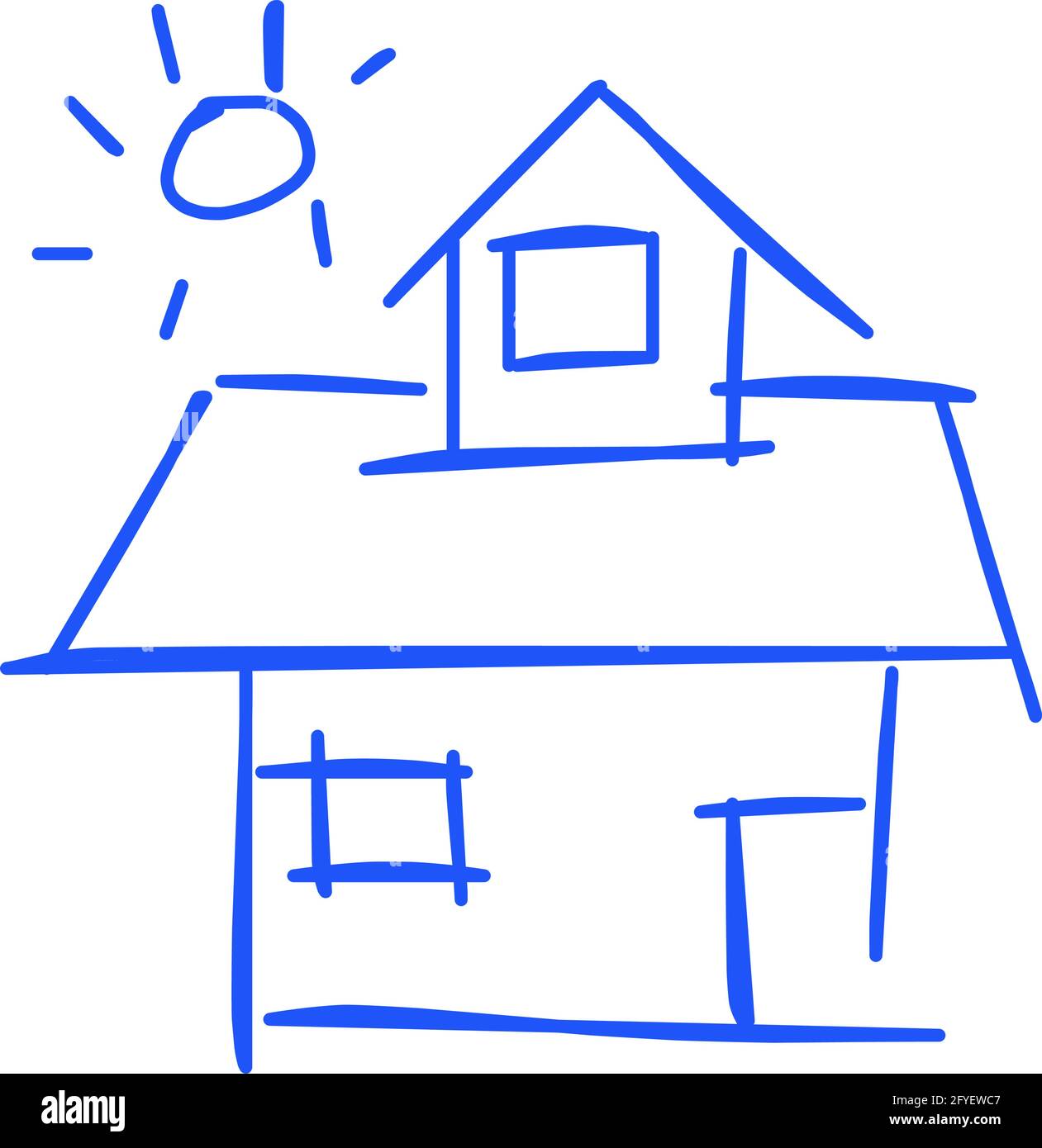 Icône de maison de l'art de ligne rugueux dans le style dessiné à la main, soleil, bleu 02 Illustration de Vecteur
