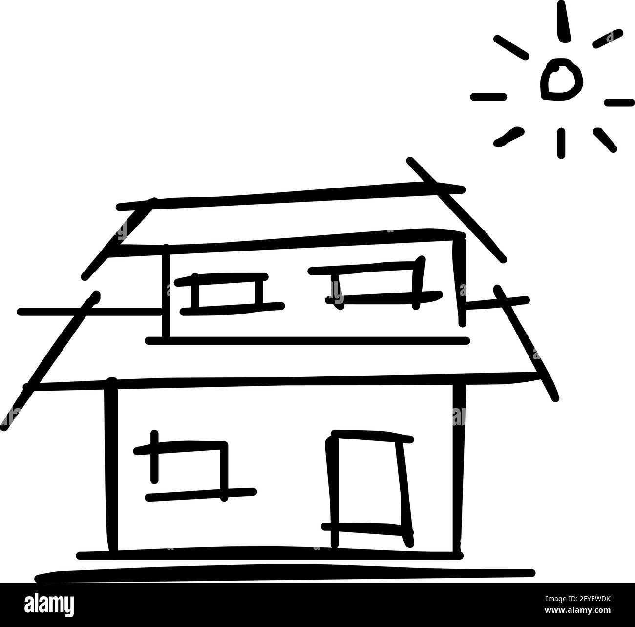 Icône de maison de l'art de ligne rugueux dans le style dessiné à la main, soleil, noir 36 Illustration de Vecteur