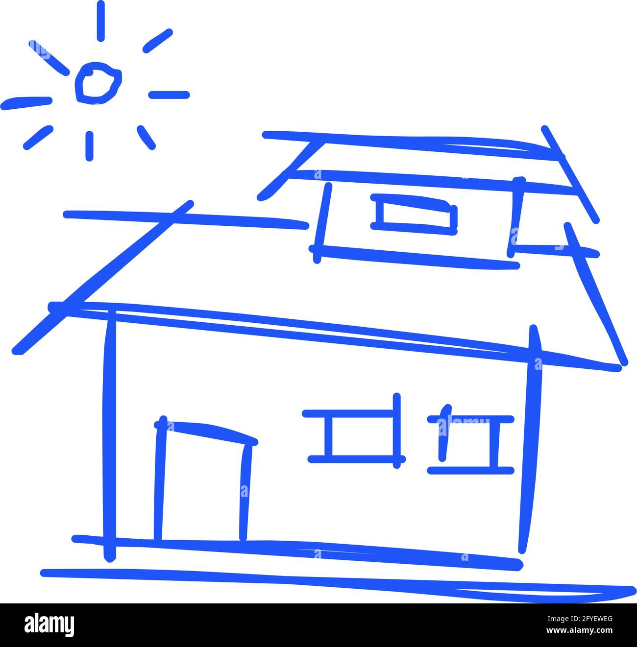 Icône de maison de l'art de ligne rugueux dans le style dessiné à la main, soleil, bleu 21 Illustration de Vecteur