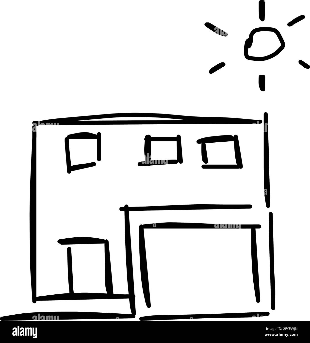 Icône de maison de l'art de ligne rugueux dans le style dessiné à la main, soleil, noir 25 Illustration de Vecteur