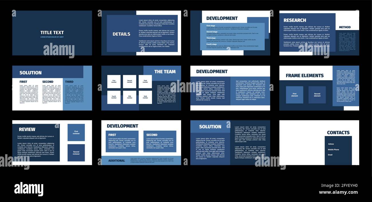Modèle de présentation. Motif rectangles bleus plat, fond blanc. 12 lames. Titre, détail, développement, recherche, solution, équipe, élément de cadre, Illustration de Vecteur