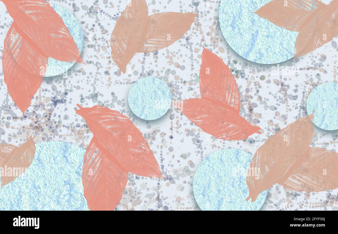 illustration 3d, cercles bleus texturés, feuilles roses et brunes peintes sur fond gris tacheté Banque D'Images
