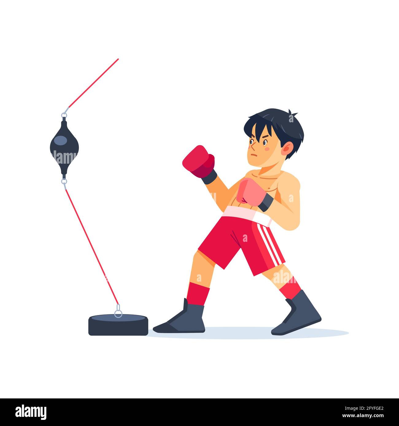 Jeune boxeur faisant un peu d'entraînement sur un sac de boxe de balle de vitesse double extrémité dans une salle de gym, enfant prenant un nouveau passe-temps. Illustration vectorielle plate de dessin animé en blanc Illustration de Vecteur