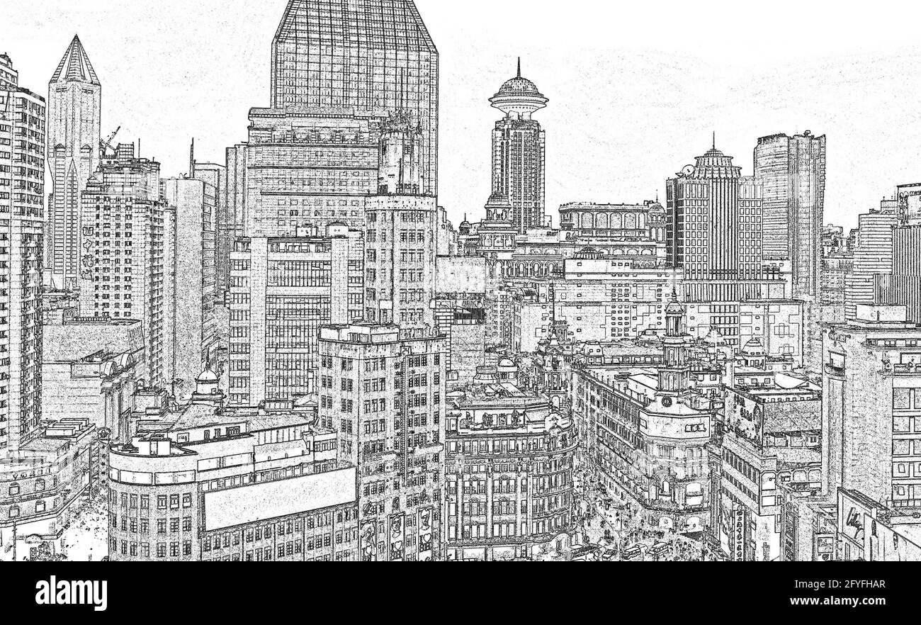 Vue aérienne sur le quartier de Nanjing Road, Shanghai, Chine (illustration) Banque D'Images
