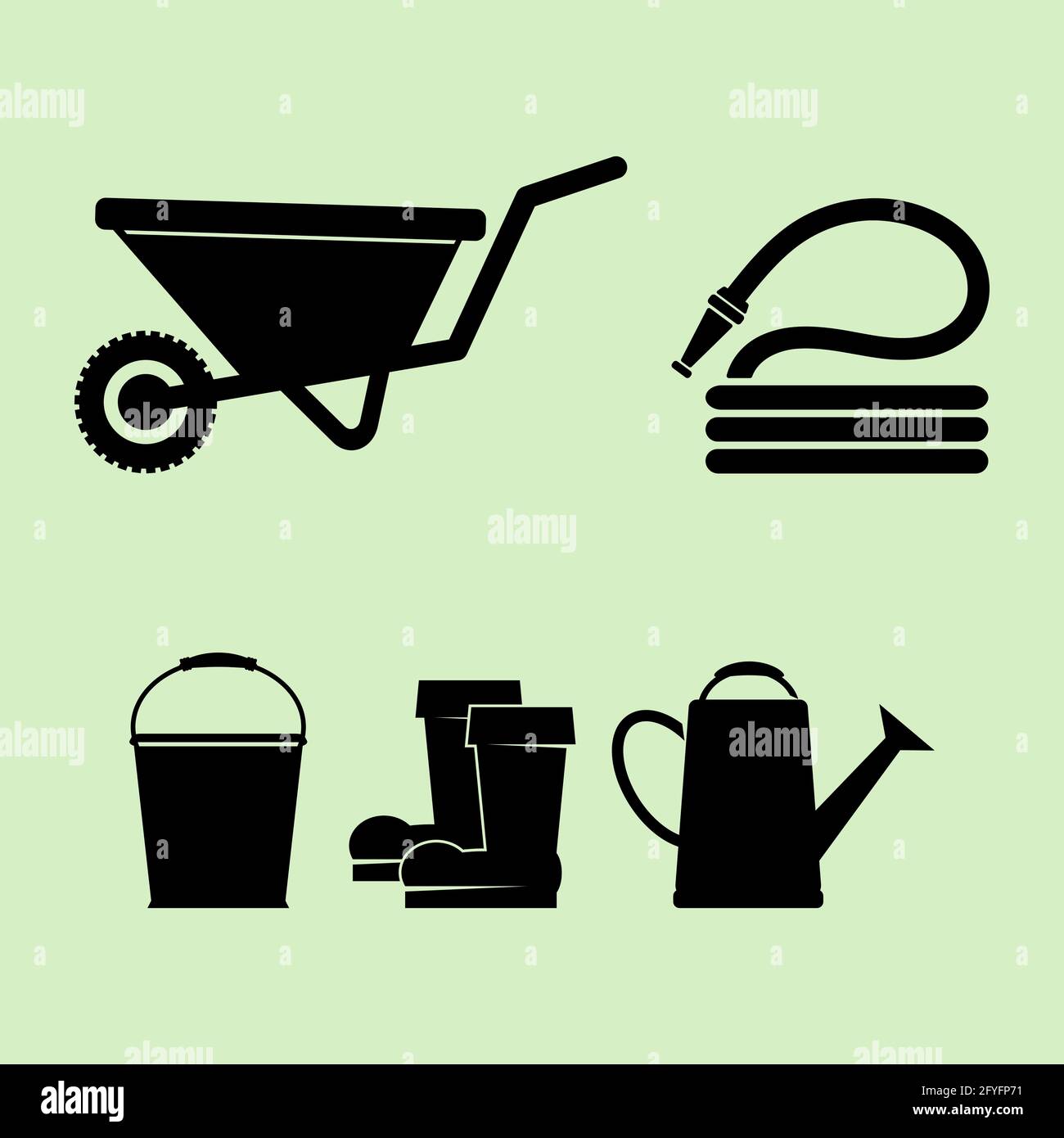 Ensemble d'illustrations vectorielles de silhouettes de brouettes de jardin, de boyau, de bottes en caoutchouc, de seau et de arrosoir. Ensemble de variété objets de jardinage aussi Illustration de Vecteur