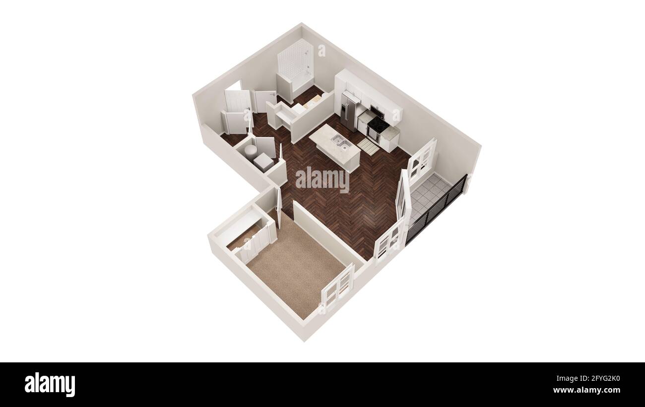 Vue de dessus du plan d'étage 3D. Intérieur de l'appartement isolé sur fond blanc. Banque D'Images