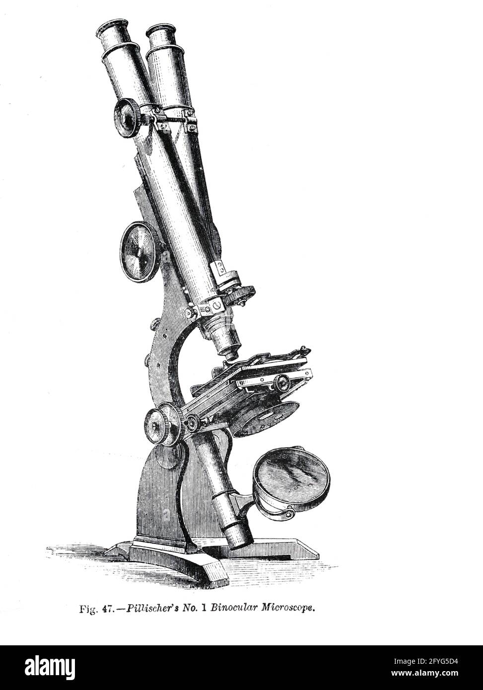 Figure 47, microscope binoculaire n° 1 de Pillischer, tiré du livre « le microscope : son histoire, sa construction et son application » de Hogg, Jabez, 1817-1899 publié à Londres par G. Routledge en 1869 avec des illustrations de TUFFEN WEST Banque D'Images