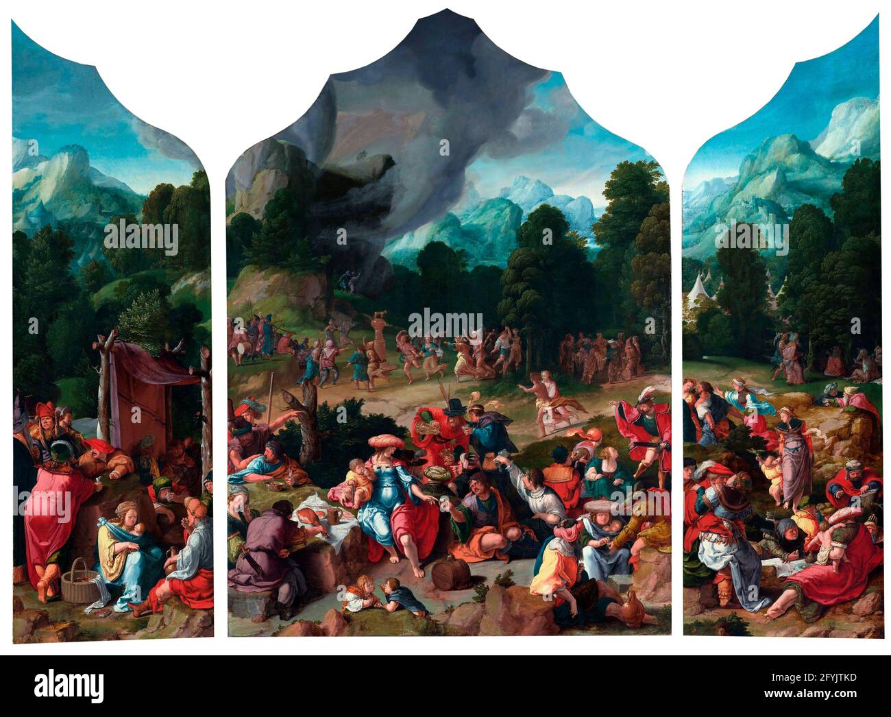 Adoration du veau d'or, un triptyque de Lucas van Leyden (1494-1533), huile sur panneau, c. 1530 Banque D'Images