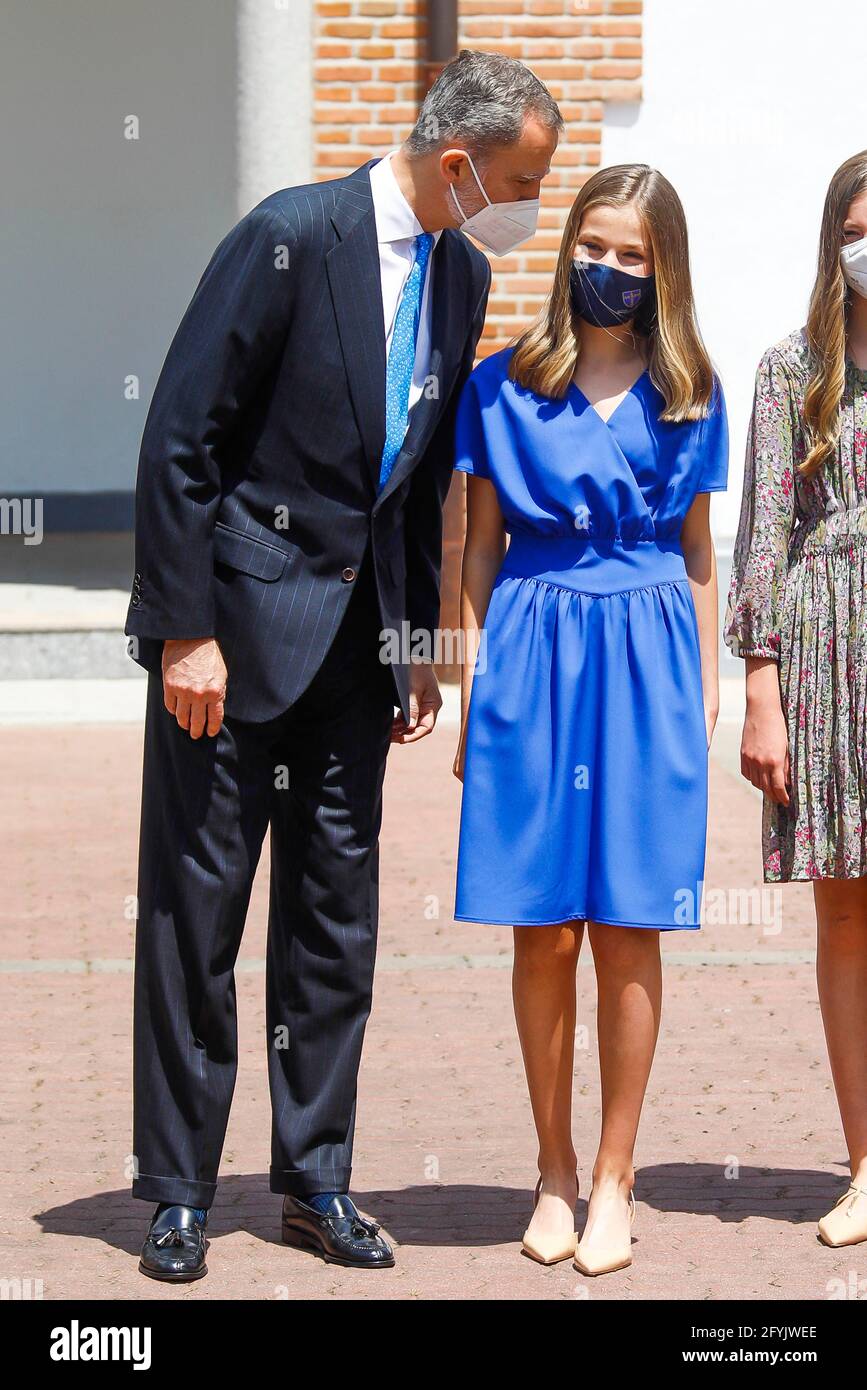Le roi Felipe VI d'Espagne, la reine Letizia d'Espagne, la princesse Leonor de la Couronne, la princesse Sofia assiste à la confirmation de la princesse Leonor à l'église Asunción de Nuestra Senora le 28 mai 2021 à Madrid, Espagne. Photo par Archie Andrews/ABACAPRESS.COM Banque D'Images
