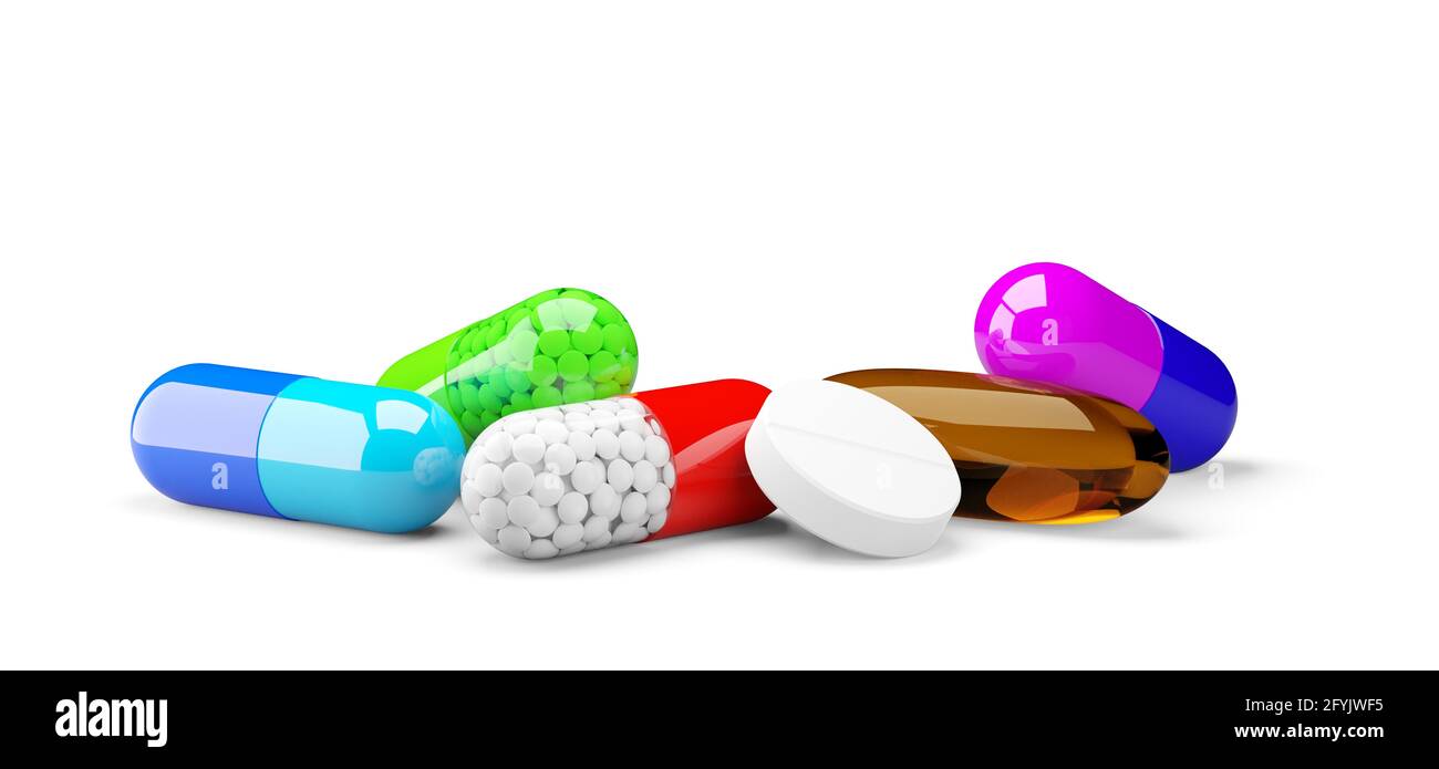 Différentes capsules de pilule hap sur fond blanc, traitement médical,  concept pharmaceutique ou médicamenteux, illustration 3D Photo Stock - Alamy
