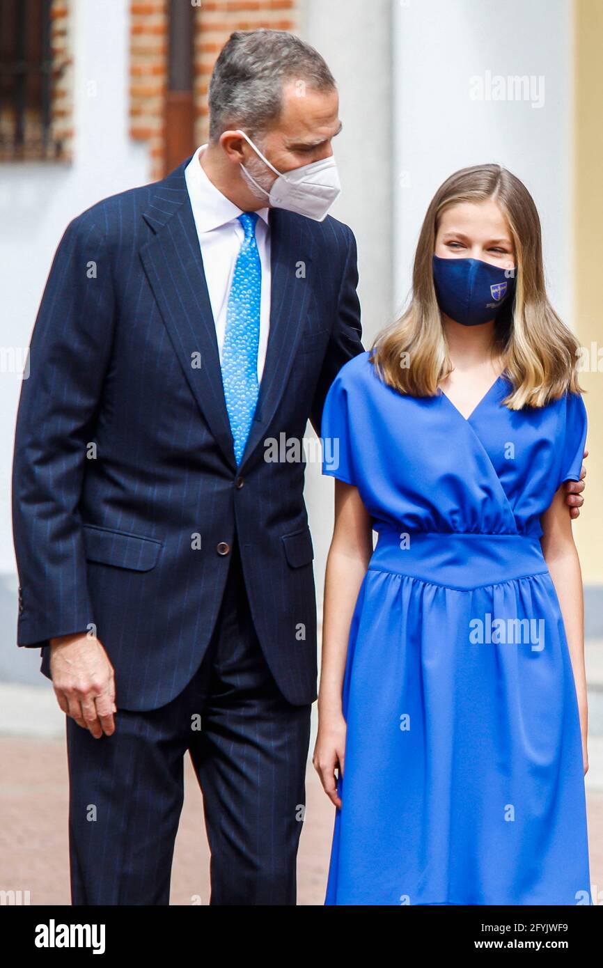 Le roi Felipe VI d'Espagne, la reine Letizia d'Espagne, la princesse Leonor de la Couronne, la princesse Sofia assiste à la confirmation de la princesse Leonor à l'église Asunción de Nuestra Senora le 28 mai 2021 à Madrid, Espagne. Photo par Archie Andrews/ABACAPRESS.COM Banque D'Images