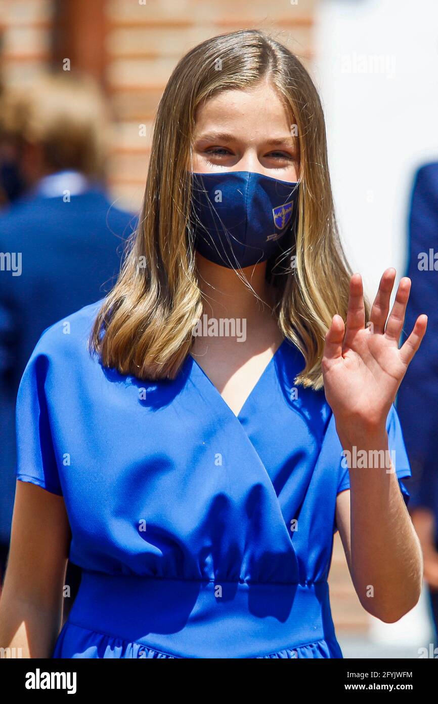 Le roi Felipe VI d'Espagne, la reine Letizia d'Espagne, la princesse Leonor de la Couronne, la princesse Sofia assiste à la confirmation de la princesse Leonor à l'église Asunción de Nuestra Senora le 28 mai 2021 à Madrid, Espagne. Photo par Archie Andrews/ABACAPRESS.COM Banque D'Images