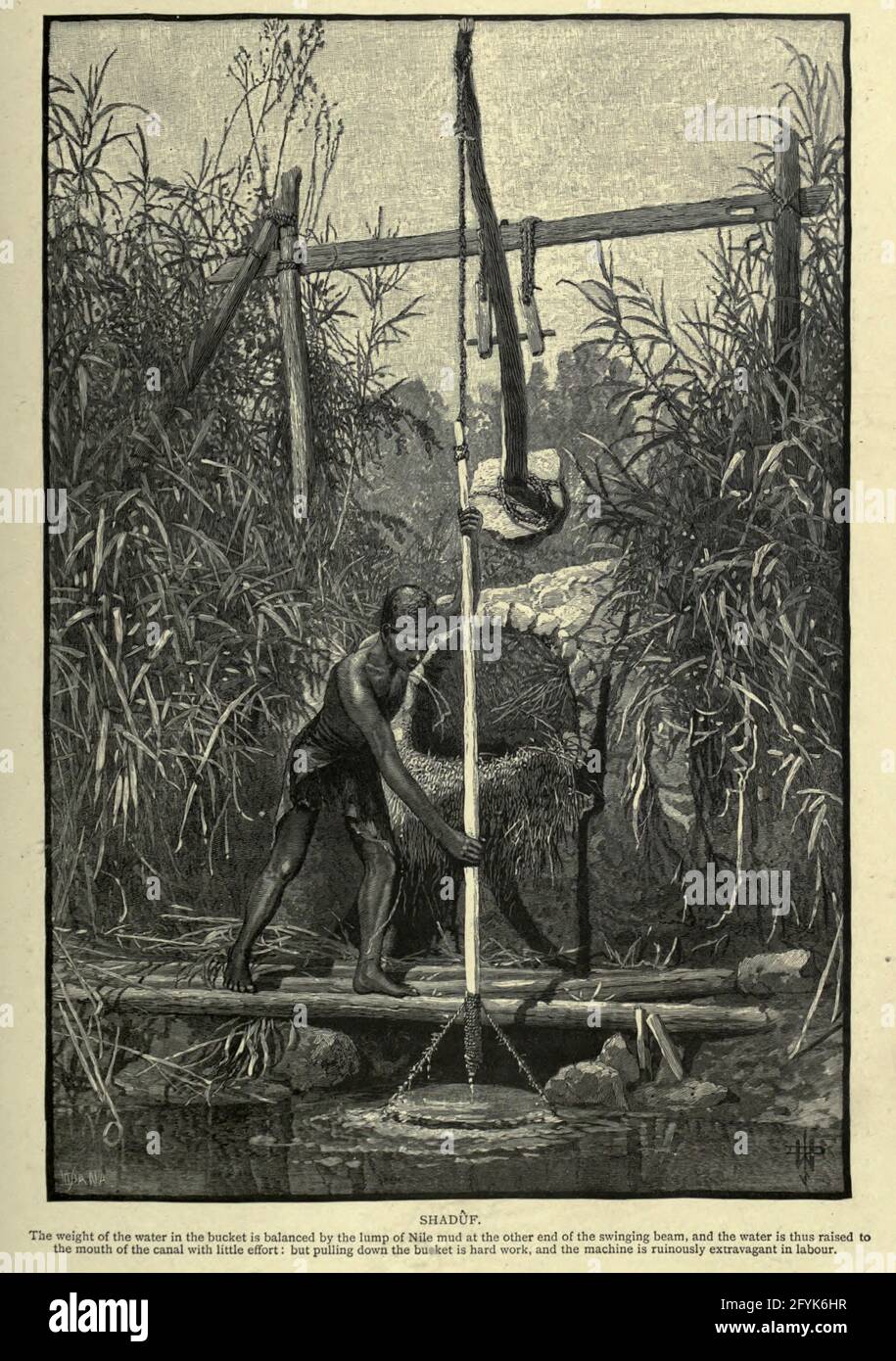 SHADUF. (Pompe à eau primitive du Nil) le poids de l'eau dans le seau est équilibré par la boue du Nil à l'autre extrémité du faisceau oscillant, et l'eau est ainsi élevée à l'embouchure du canal avec peu d'effort : Mais il est difficile de tirer le seau et la machine est ruineusement extravagante dans le travail gravure de bois de 'la Palestine pittoresque, le Sinaï et l'Egypte' par Wilson, Charles William, Sir, 1836-1905; Lane-Poole, Stanley, 1854-1931 Volume 4. Publié en 1884 par J. S. Virtue and Co, Londres Banque D'Images