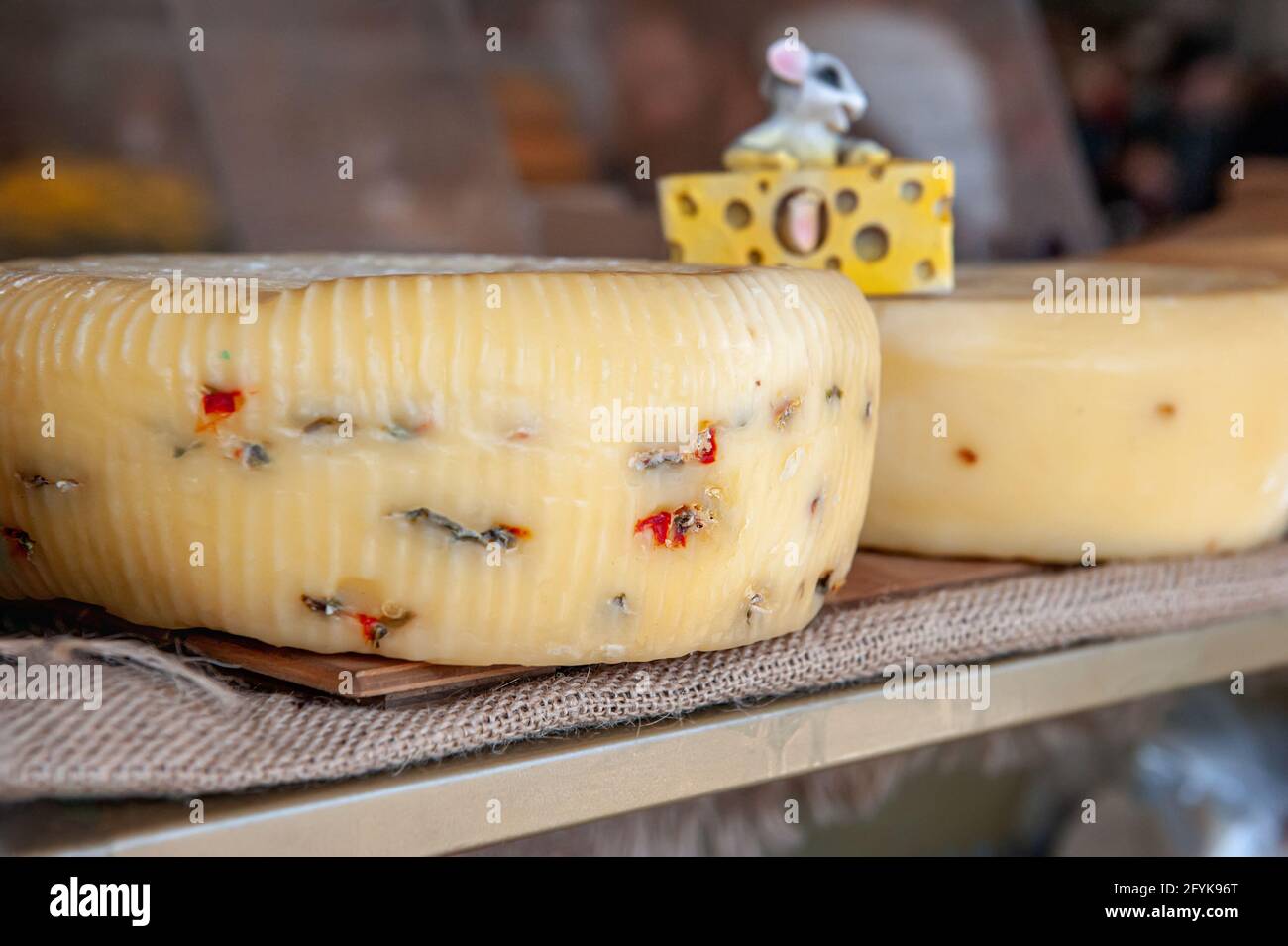 Assortiment de fromages artisanaux sur le comptoir du marché agricole. Le marché de l'agriculteur présente les produits d'une petite entreprise, un fait de fromage privé Banque D'Images