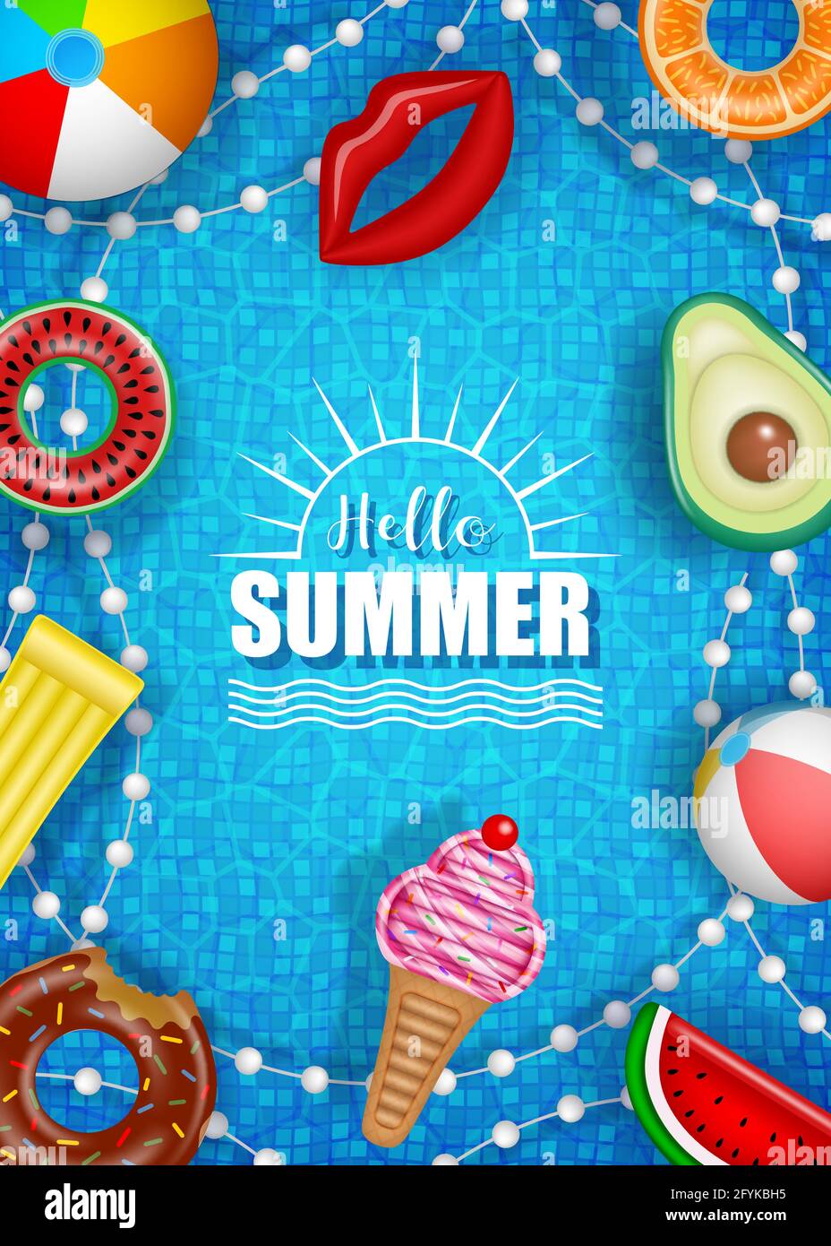 Affiche d'été Hello avec boules, matelas et anneaux à jets colorés sur fond d'eau de piscine Illustration de Vecteur