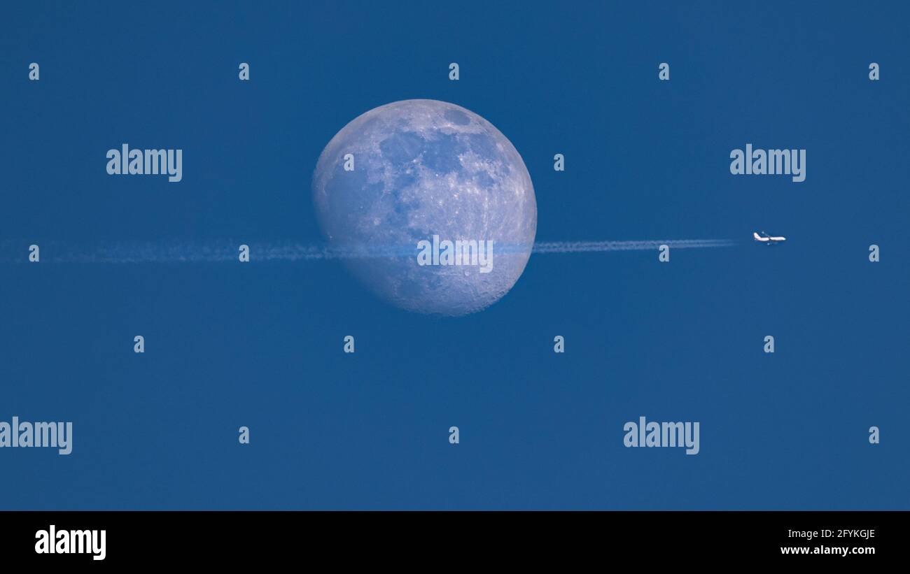 Gros plan de la lune gibbeuse à la cire pendant la journée contre un ciel clair de blus. Un Ariplane traverse la lune et laisse un sentier de condensation derrière - S. Banque D'Images
