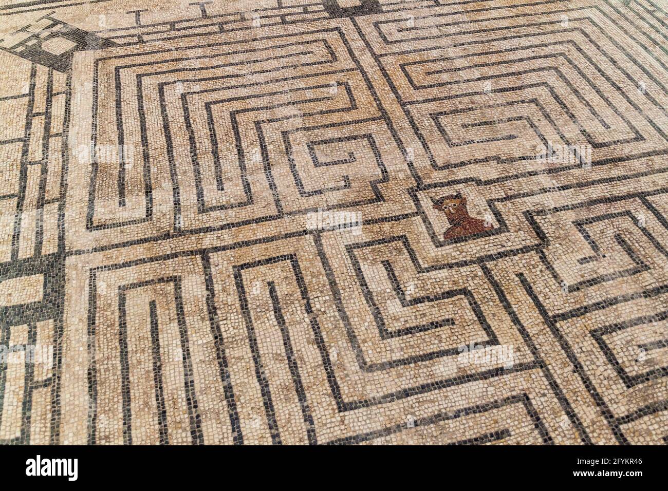 Mosaïque représentant le labyrinthe avec le Minotaur dans les ruines romaines de Conimbriga, Portugal Banque D'Images