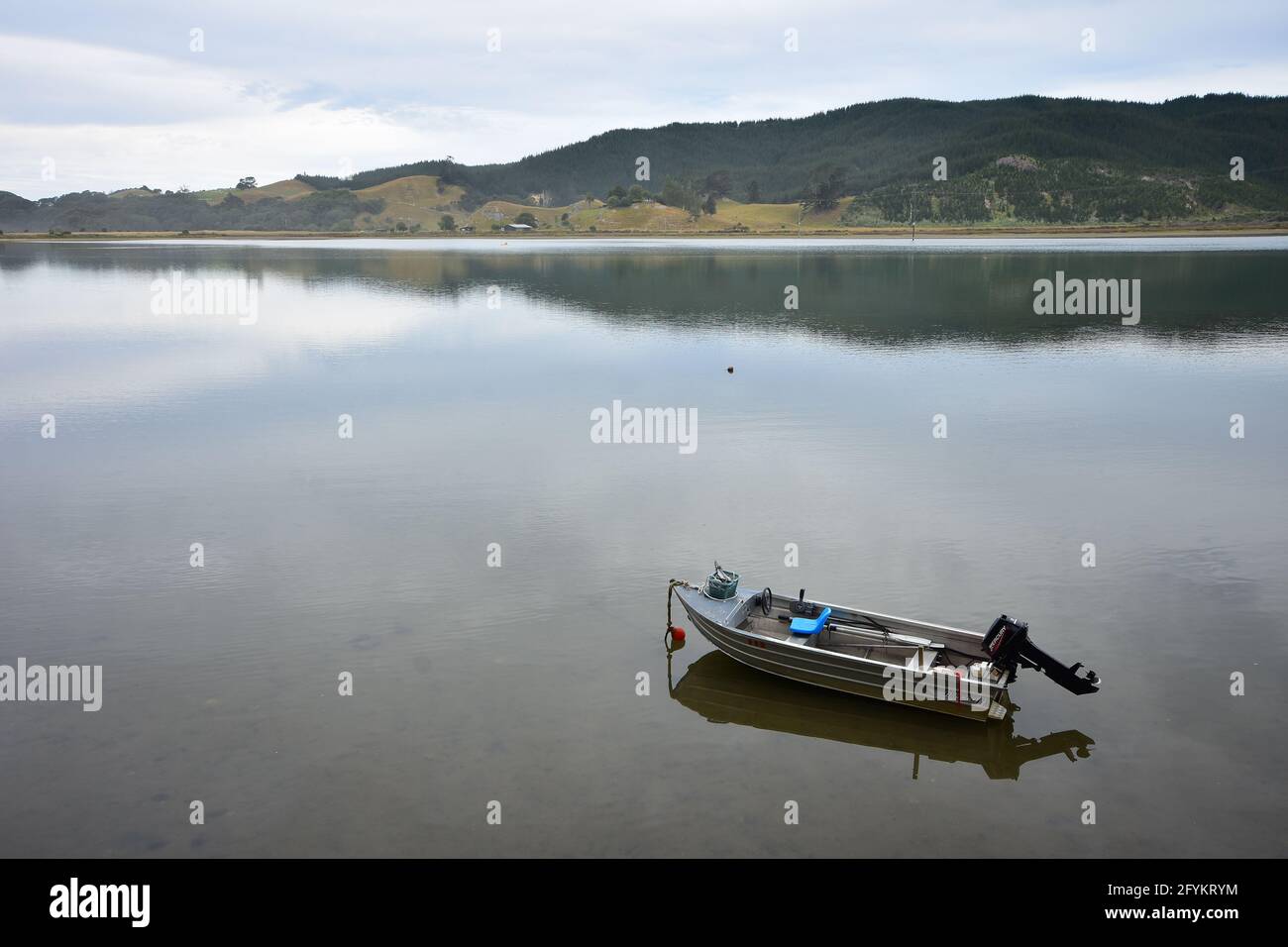 Petit bateau à moteur ouvert en métal avec moteur extérieur noir et câble de direction amarré dans un port absolument calme et clos. Banque D'Images