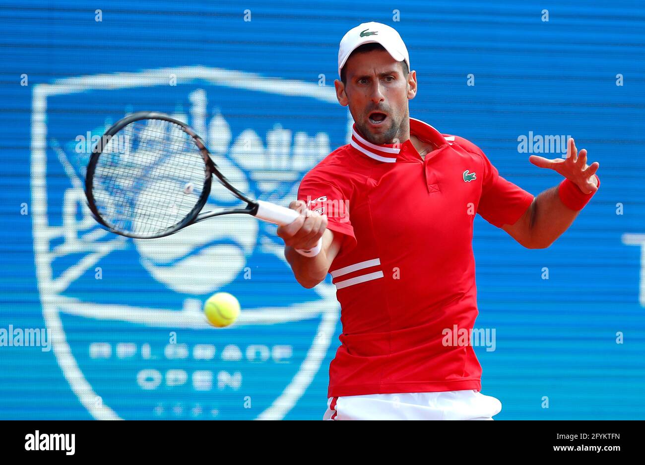 Belgrade. 28 mai 2021. Le Novak Djokovic de Serbie revient à Andrej Martin  de Slovaquie lors de son ATP 250 Belgrade Open semi-finale de tennis à  Belgrade, Serbie, le 28 mai 2021.
