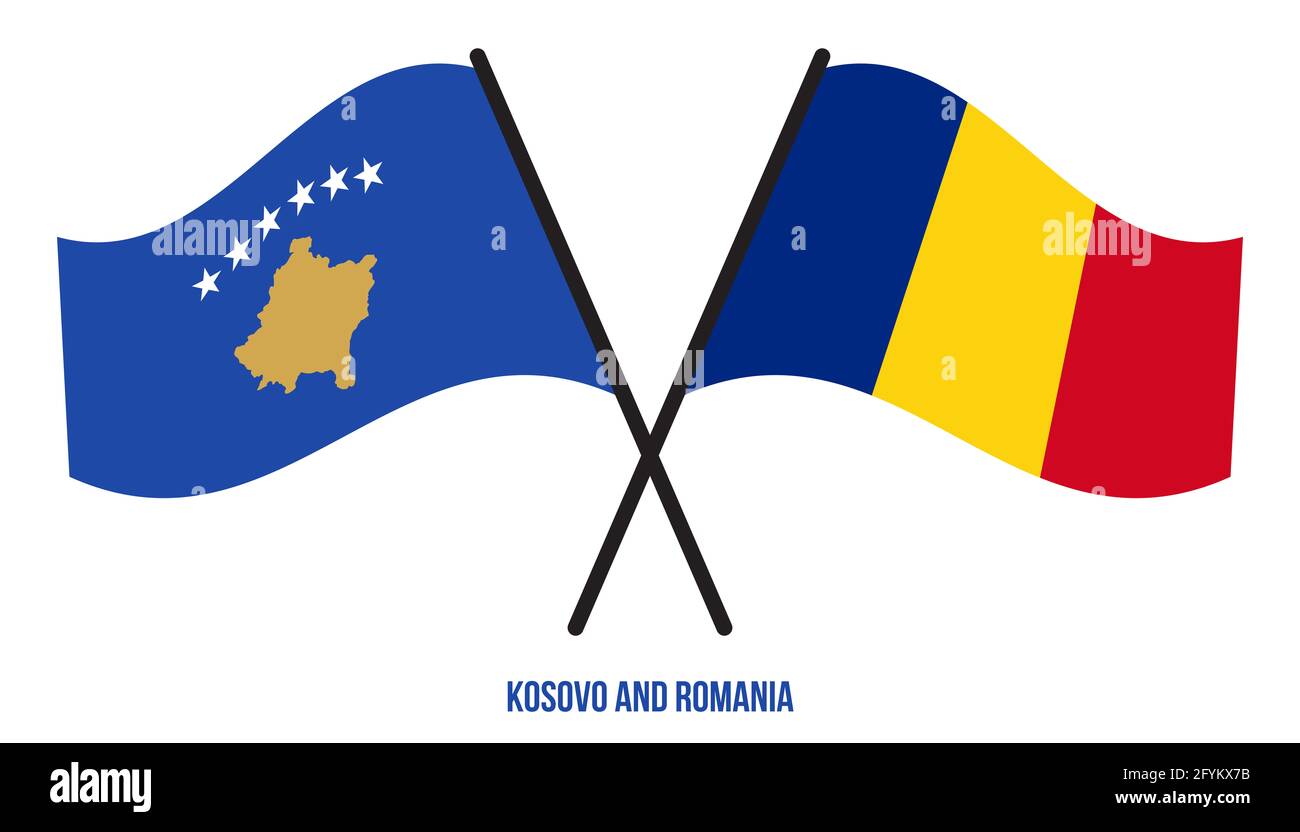 Kosovo et Roumanie drapeaux croisés et agitant le style plat. Proportion officielle. Corriger les couleurs. Banque D'Images