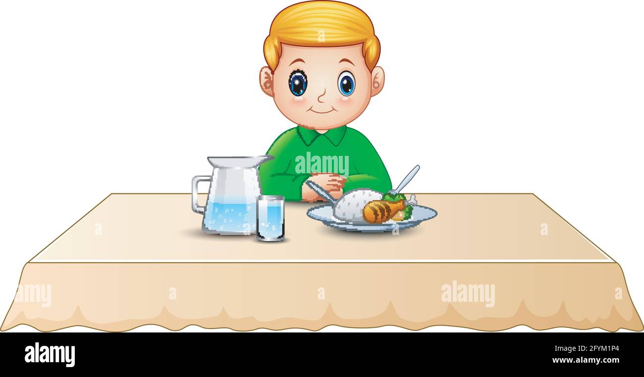 Mignon Petit Garcon Dessin Anime Manger Sur La Table A Manger Image Vectorielle Stock Alamy