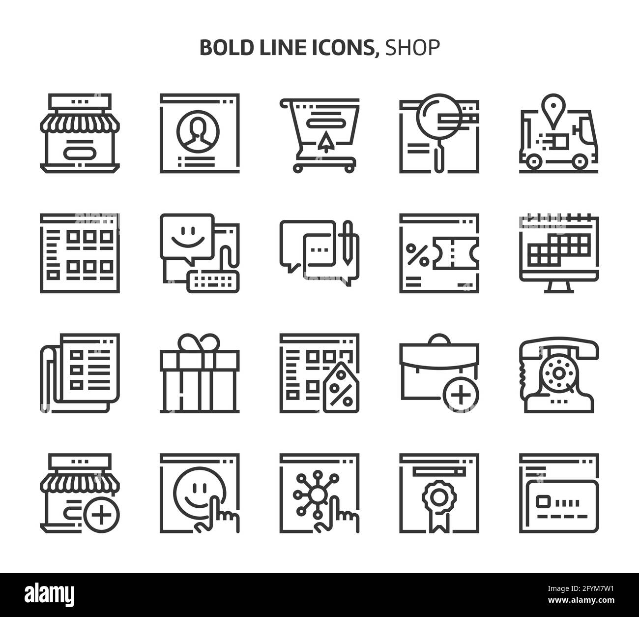 Boutique, icônes en gras. Les illustrations sont un vecteur, trait modifiable, 48x48 pixels fichiers parfaits. Conçu avec précision et yeux pour une qualité optimale. Illustration de Vecteur