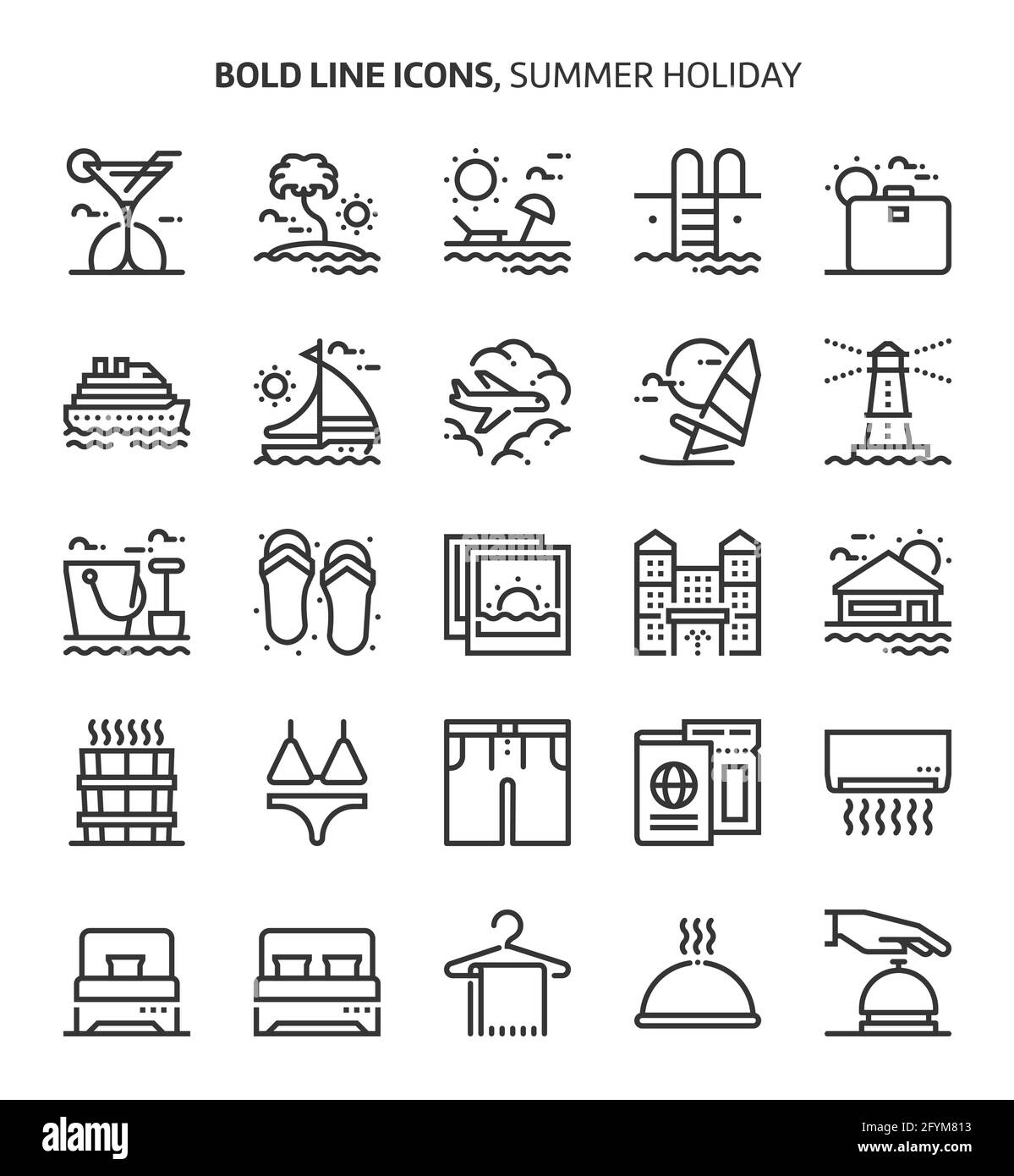 Vacances d'été, icônes en gras. Les illustrations sont un vecteur, trait modifiable, 48x48 pixels fichiers parfaits. Conçu avec précision et yeux pour le qualit Illustration de Vecteur