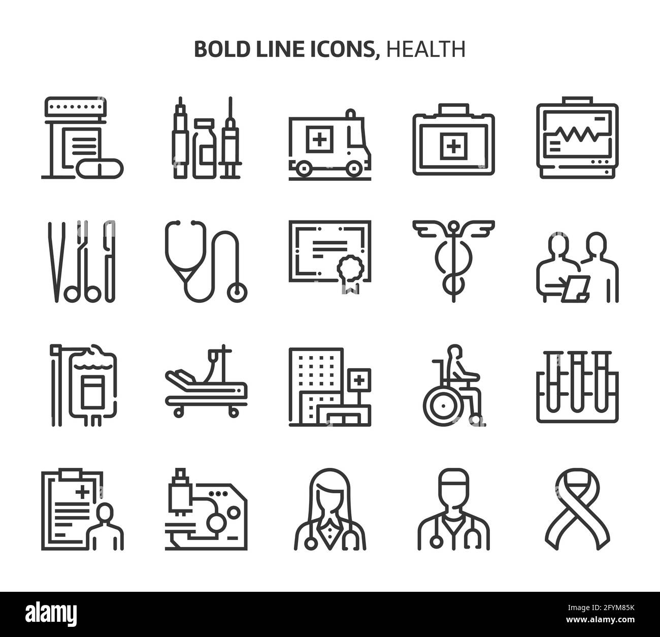 Santé, icônes en gras. Les illustrations sont un vecteur, trait modifiable, 48x48 pixels fichiers parfaits. Conçu avec précision et yeux pour une qualité optimale. Illustration de Vecteur