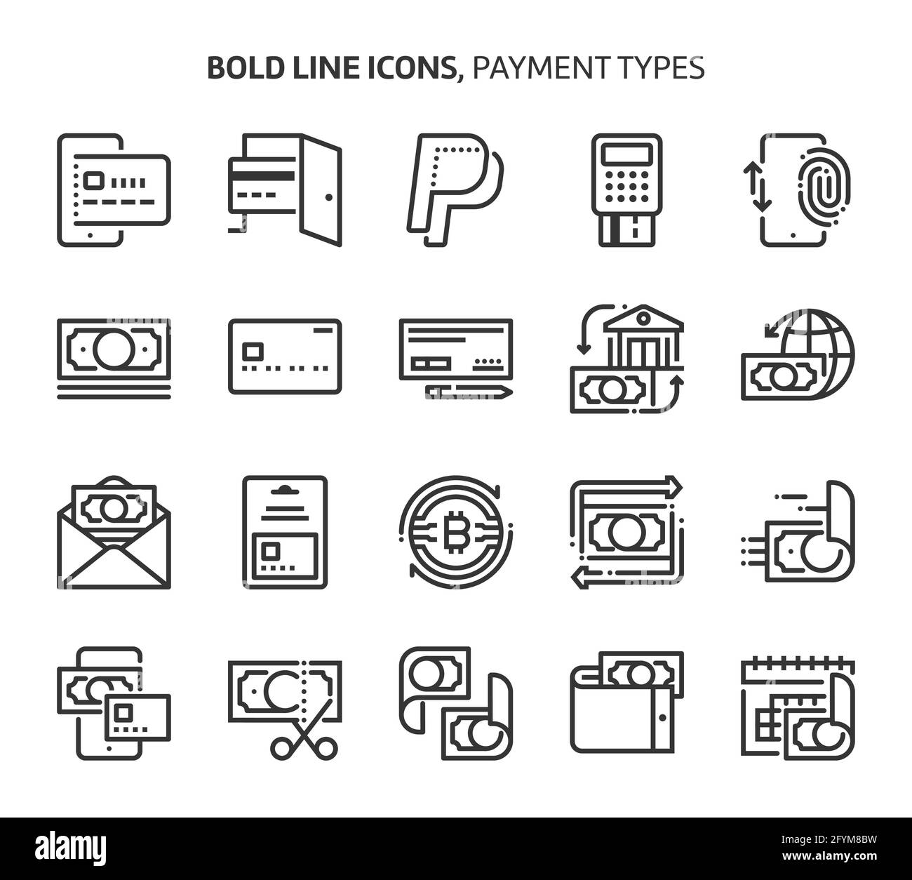 Types de paiement, icônes de ligne en gras. Les illustrations sont un vecteur, trait modifiable, 48x48 pixels fichiers parfaits. Conçu avec précision et yeux pour une qualité optimale Illustration de Vecteur