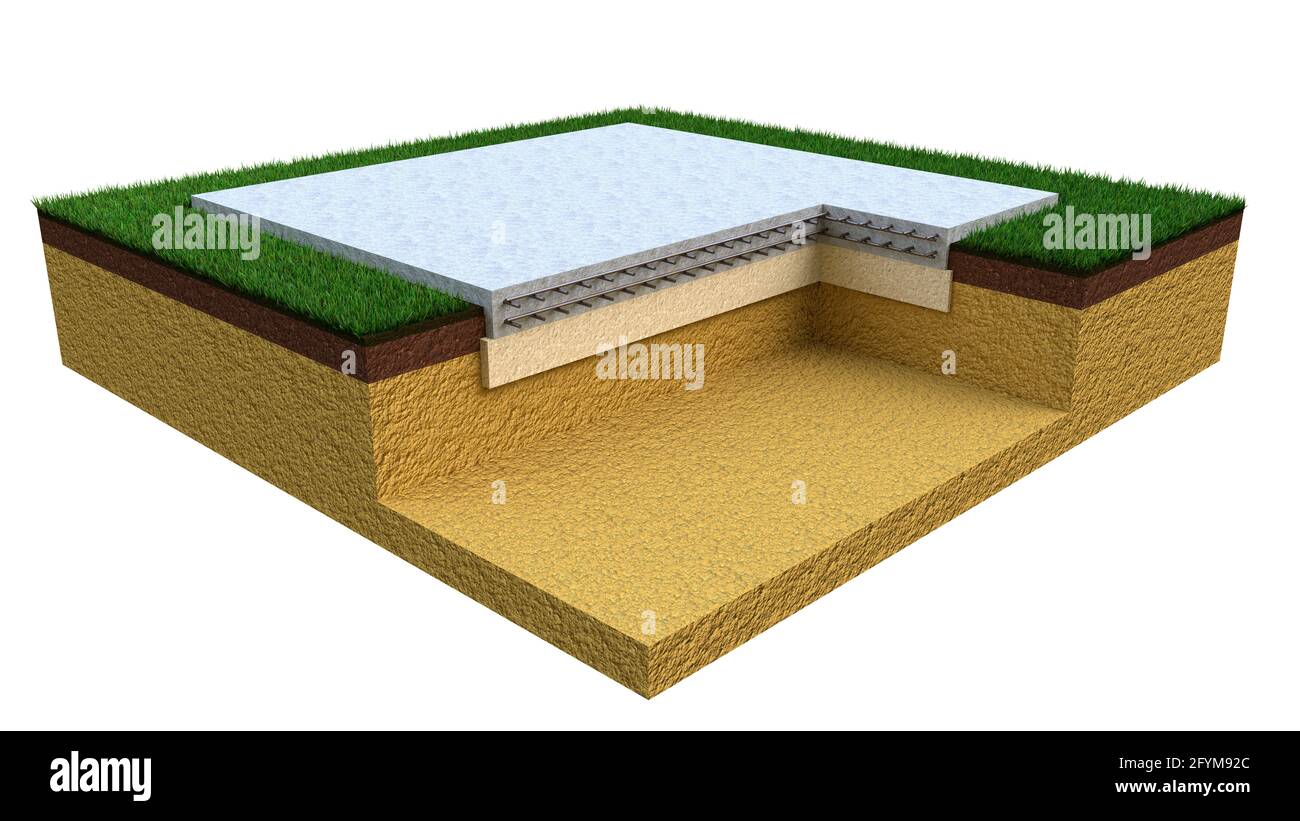 Base en plaques de ciment renforcée coulées, illustration 3D industrielle isolée Banque D'Images