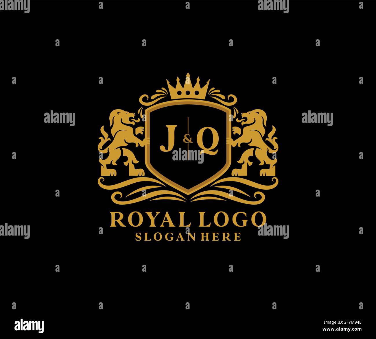 Modèle de logo de luxe Royal Lion lettre JQ en illustrations vectorielles pour les restaurants, les royalties, les boutiques, les cafés, les hôtels, Héraldique, bijoux, mode et autre vecteur il Illustration de Vecteur