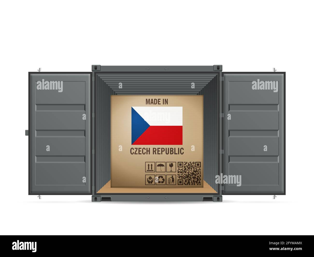Boîte en carton République tchèque dans un conteneur de cargaison sur fond blanc. Illustration vectorielle. Banque D'Images