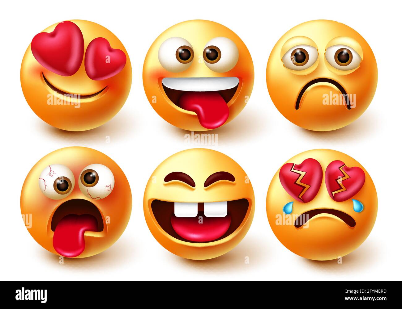 Émoticônes caractères smiley vecteur défini. Émoticone 3d emojis isolé sur fond blanc avec drôle, fou, dans l'amour et coeur brisé expression faciale. Illustration de Vecteur