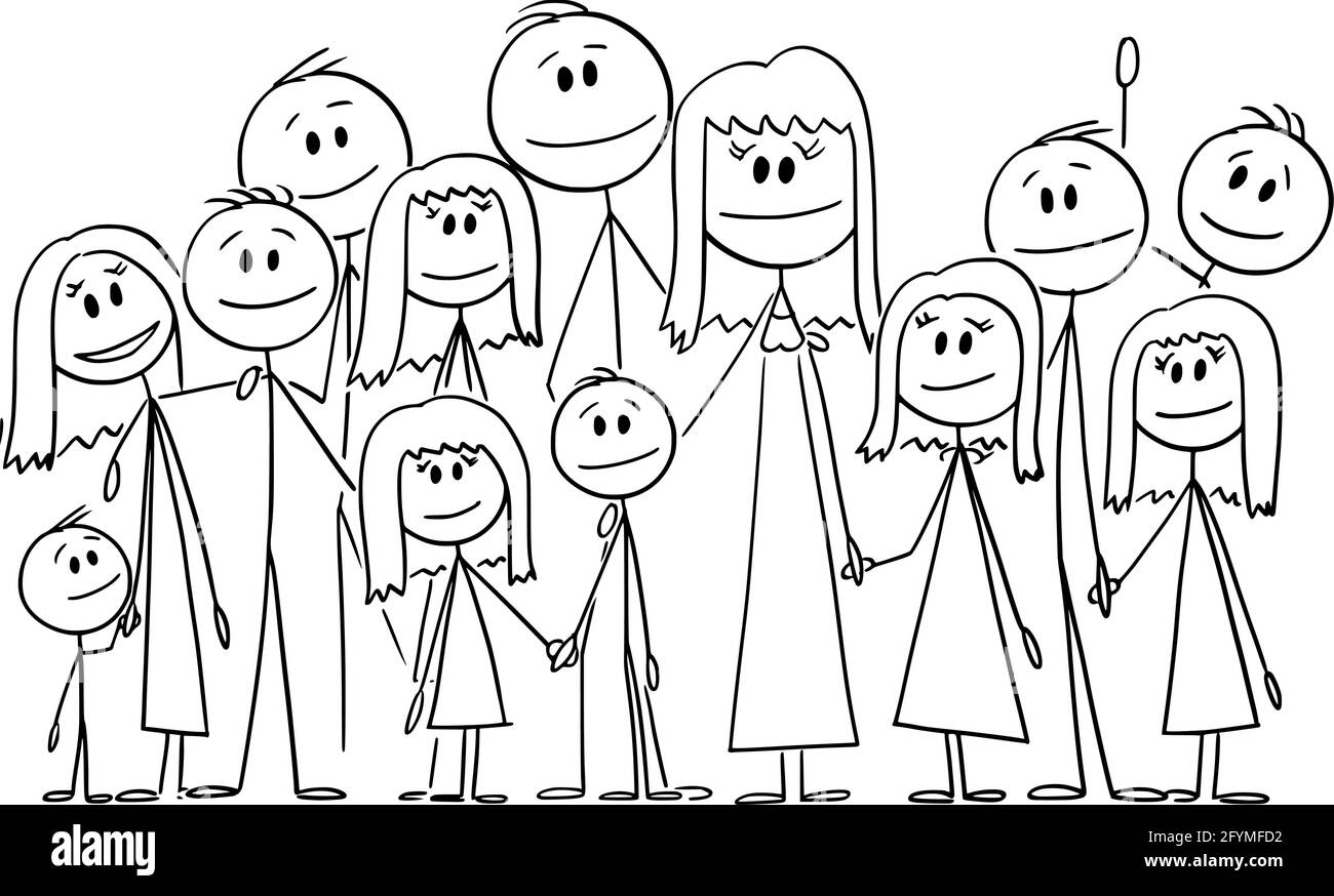 Portrait de la grande famille heureuse avec onze enfants, Illustration de la figure de bâton de dessin animé Illustration de Vecteur