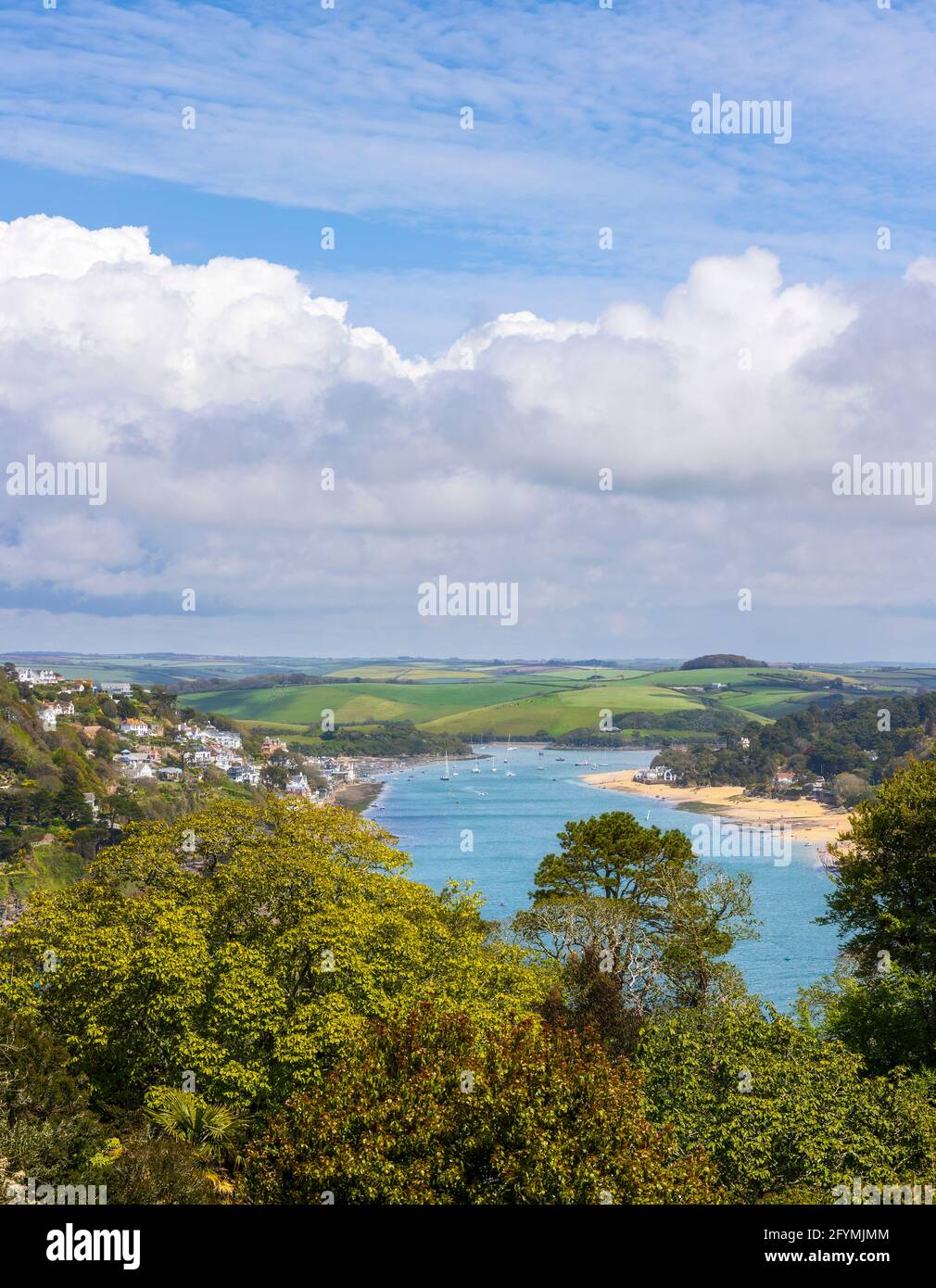 Vue imprenable sur le port de Salcombe, la ville de Salcombe et la magnifique campagne du Devon. Banque D'Images
