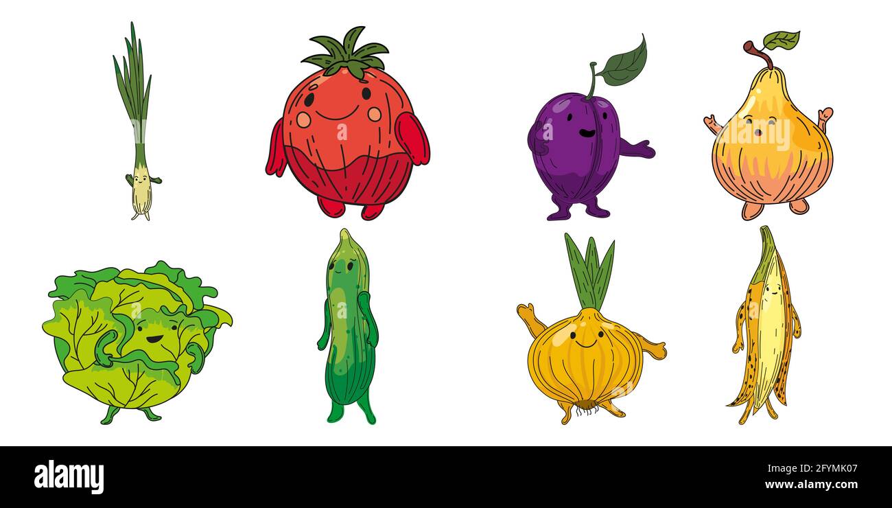 Ensemble de légumes dessin à la main caractères dessin animé. Poireau de collection, oignon, prune, poire chou, cucmber, oignon, banane Illustration de Vecteur