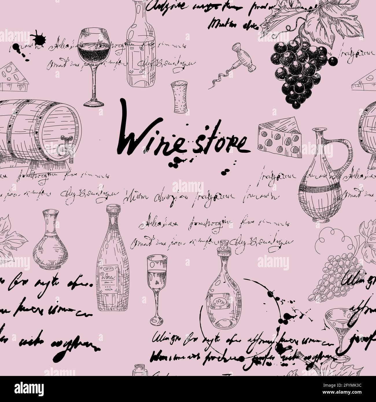 Motif vectoriel sans couture branche de raisin de vin, bouteilles, verres, texte illisible, fût en bois, en-cas, tire-bouchon. Dessin à la main d'esquisse Doodle. Vecteur Illustration de Vecteur