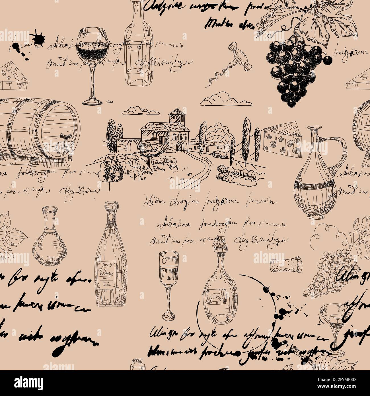 Motif sans couture branche de raisin de vin, bouteilles, verres, vignoble, texte illisible, fût en bois, en-cas, tire-bouchon. Dessin à la main d'esquisse Doodle. Vecteur Illustration de Vecteur