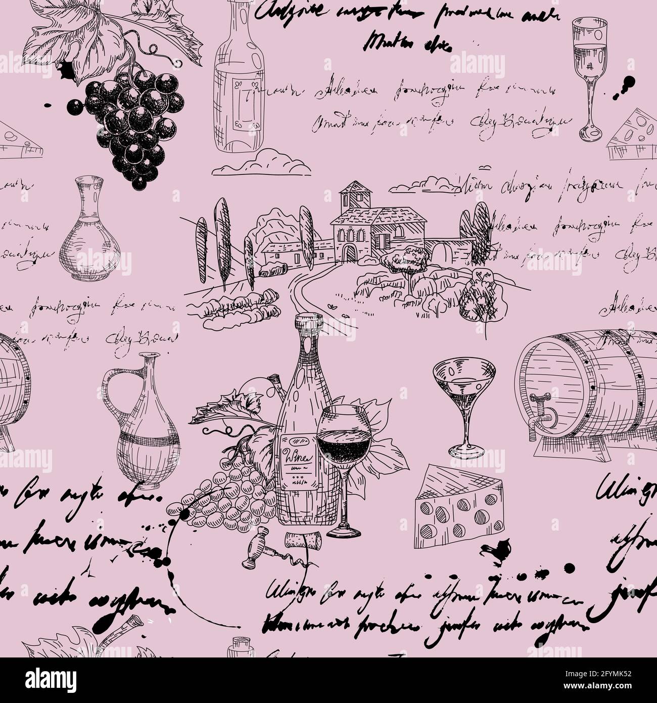 Motif vectoriel sans couture branche de raisin de vin, bouteilles, verres, texte illisible, fût en bois, en-cas, tire-bouchon. Dessin à la main d'esquisse Doodle. Vecteur Illustration de Vecteur