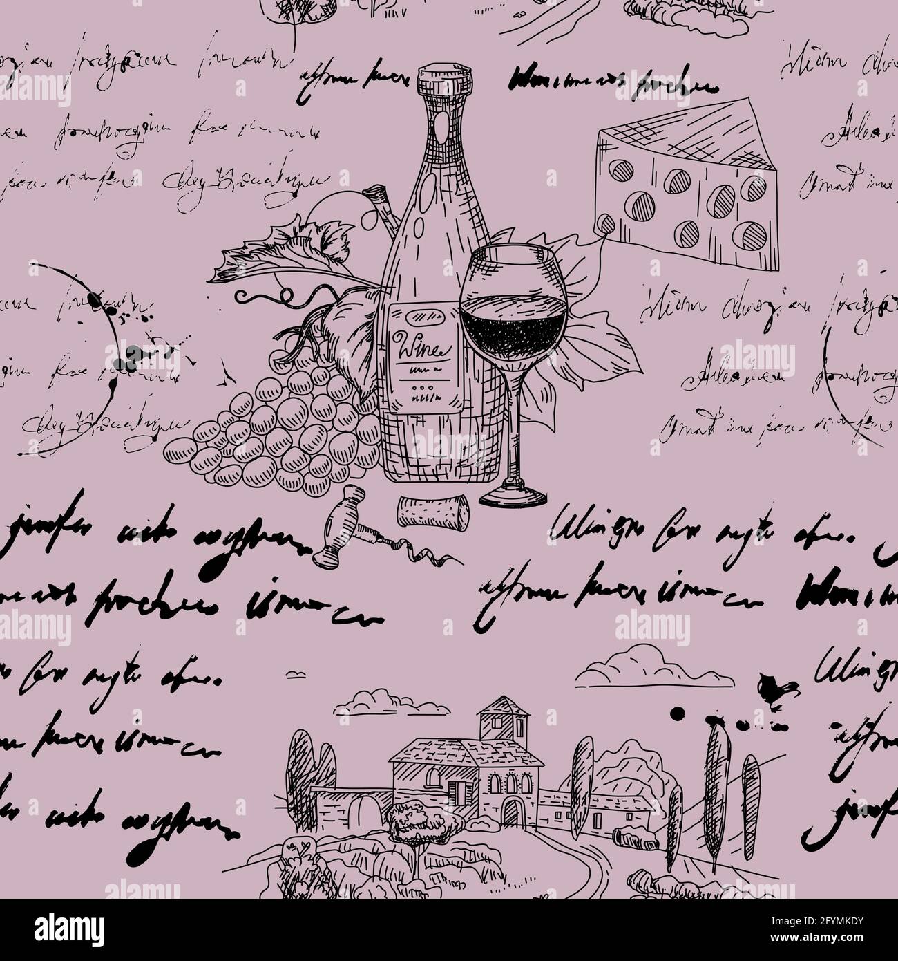 Motif sans couture branche de raisin de vin, bouteilles, verres, vignoble, texte illisible, fût en bois, en-cas, tire-bouchon. Dessin à la main d'esquisse Doodle. Vecteur Illustration de Vecteur
