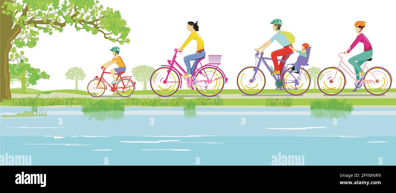 Vélo en famille dans la nature, illustration Illustration de Vecteur