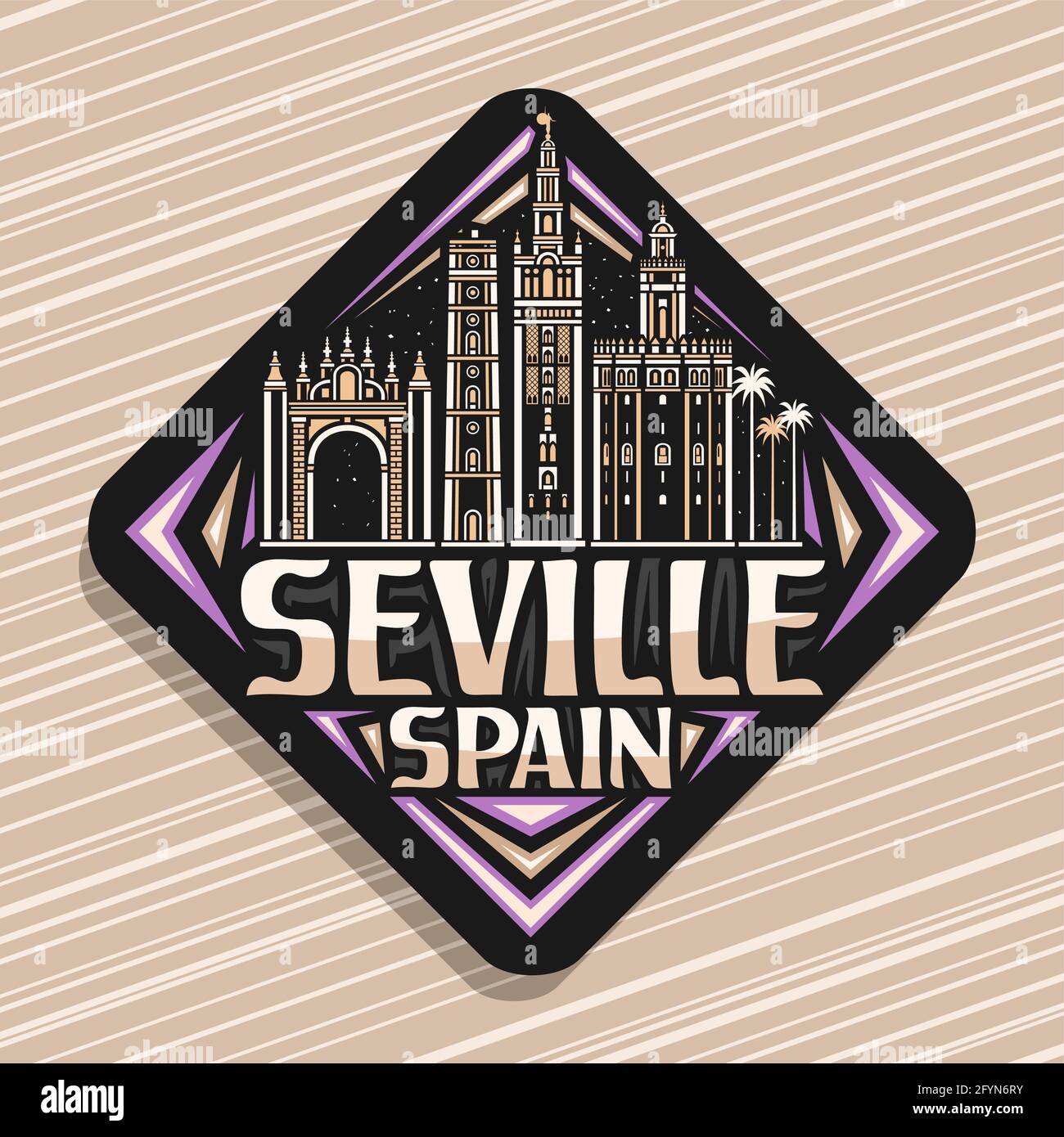 Logo Vector pour Séville, panneau noir de la route du losange avec illustration du paysage de la ville européenne de séville sur fond de ciel nocturne, réfrigérateur décoratif magne Illustration de Vecteur