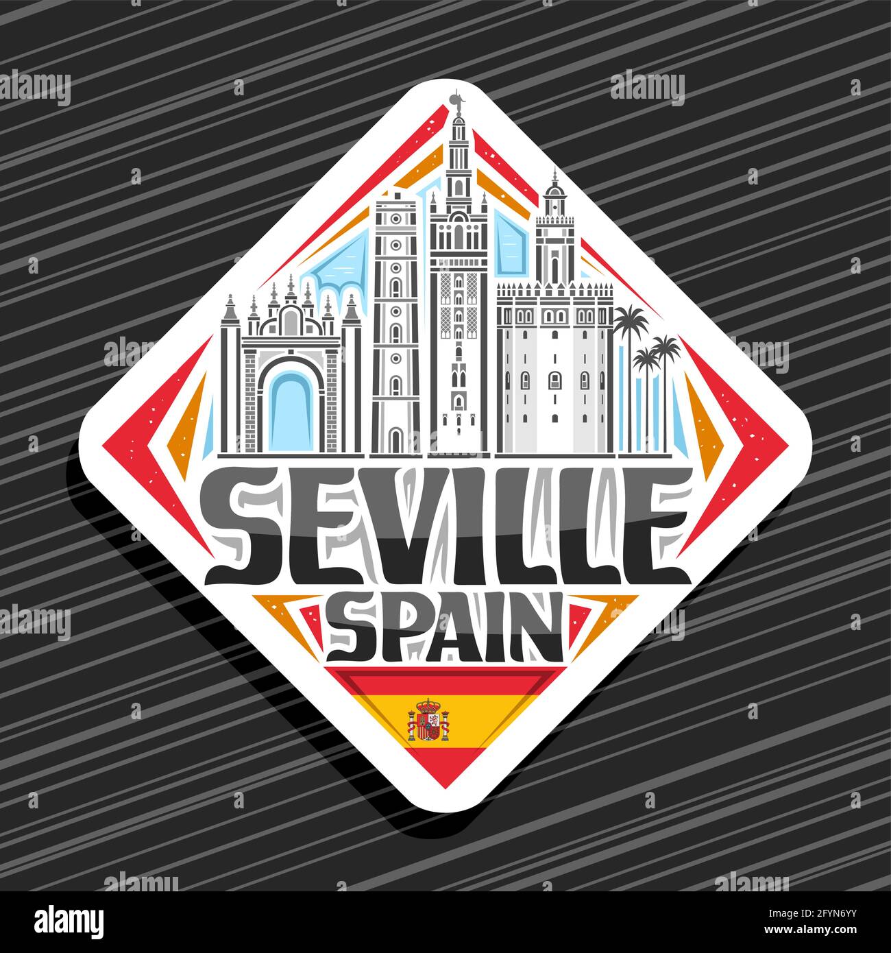Logo Vector pour Séville, panneau de route blanc à losange avec illustration du paysage européen de séville sur fond de ciel de jour, aimant de réfrigérateur décoratif avec Illustration de Vecteur
