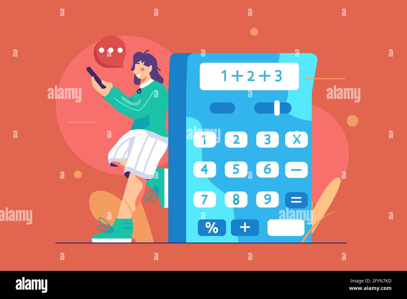 Femme comptant sur l'application Calculatrice Illustration de Vecteur