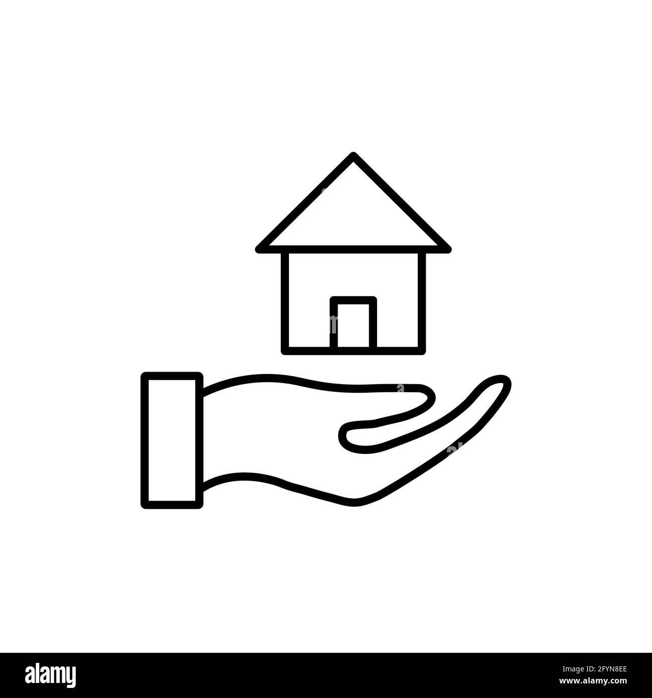 Icône de ligne d'accueil. Symbole main et maison. Panneau de contour des soins à domicile. Concept de sauvegarde immobilière. Vecteur isolé sur blanc Illustration de Vecteur